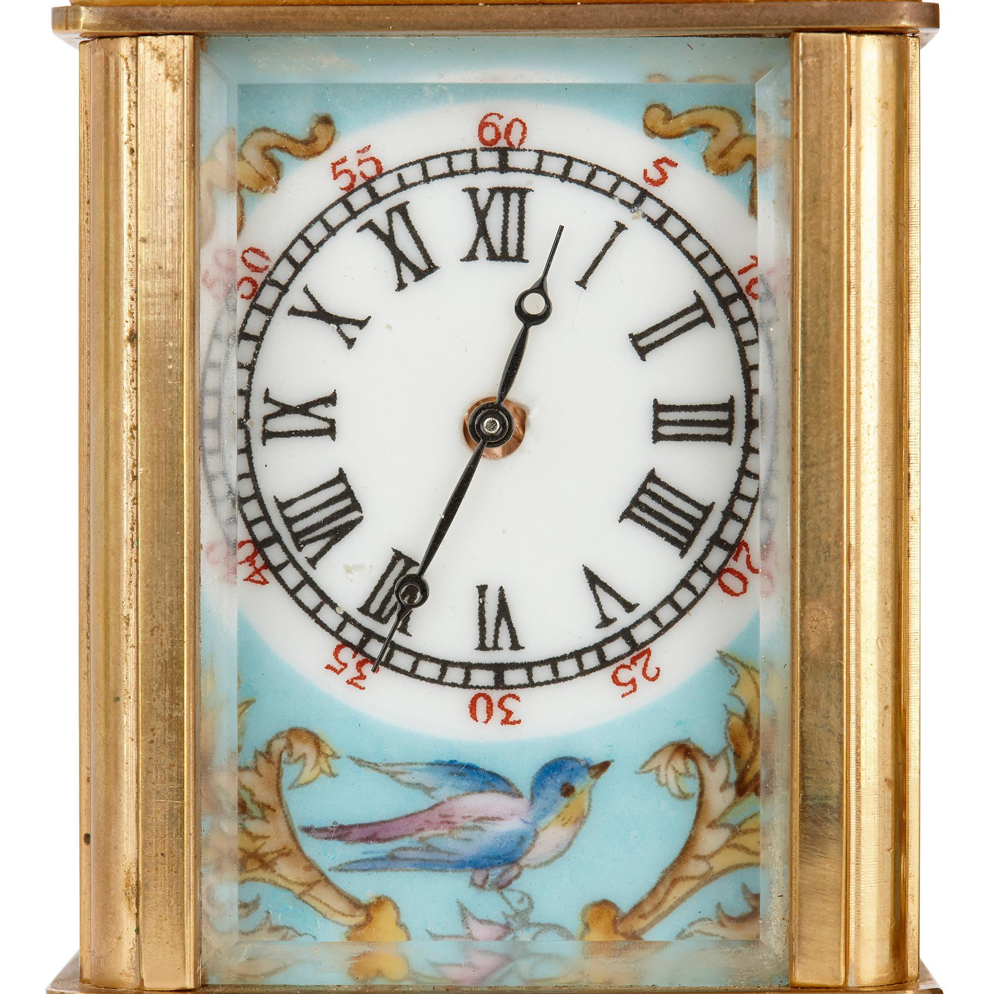 French Sèvres Style Gilt Brass and Porcelain Carriage Clock and Barometer