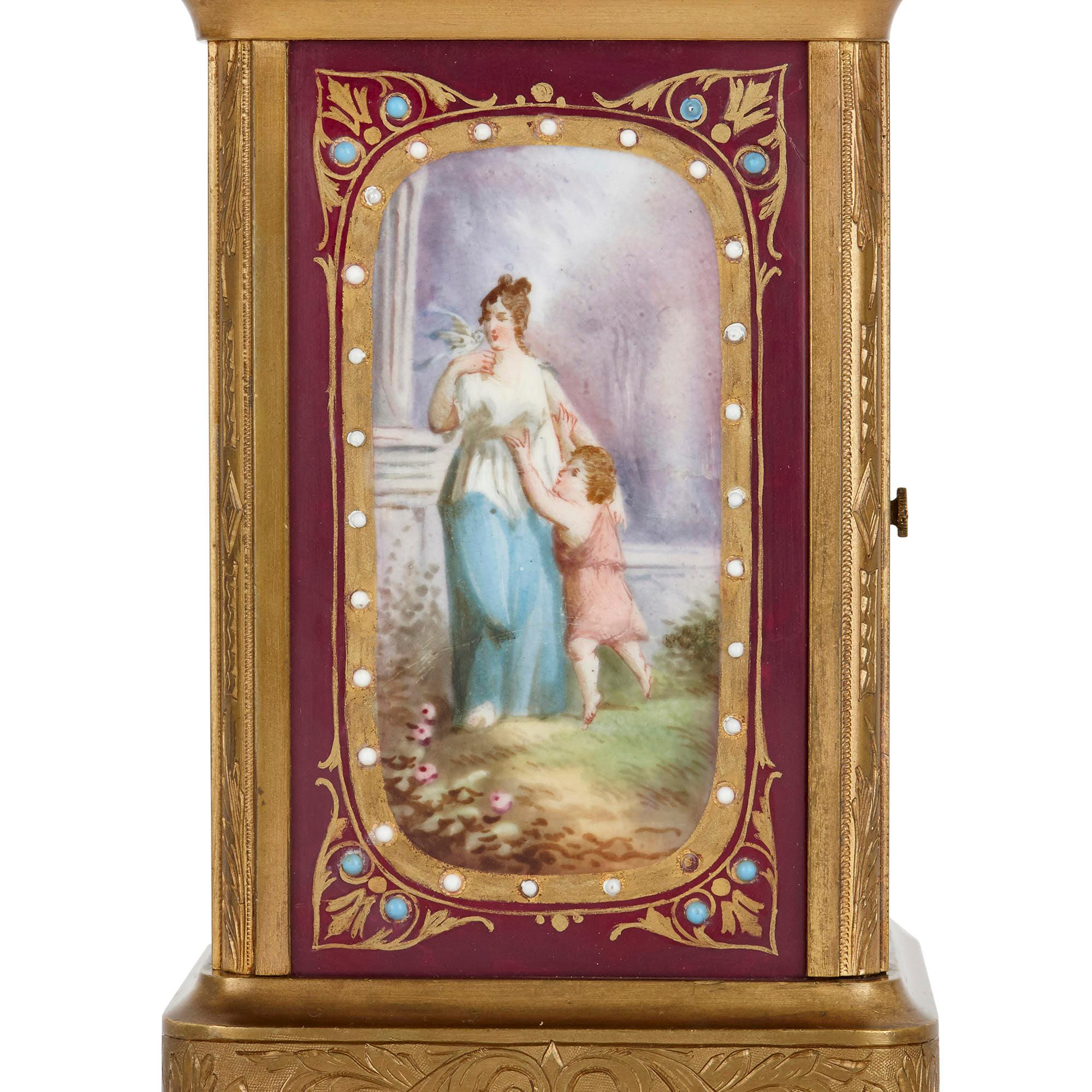 Rococo Sèvres Style Gilt Bronze and Porcelain Carriage Clock For Sale