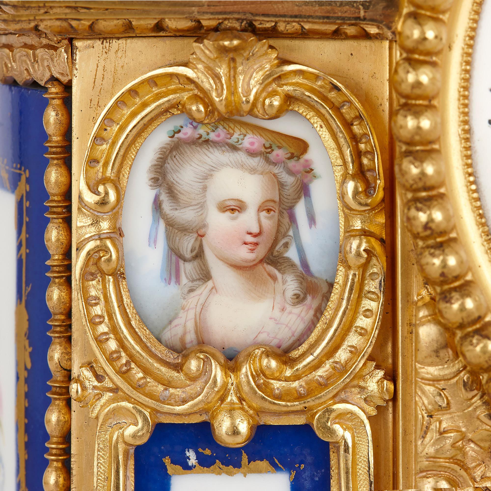 Rococo Sèvres Style Gilt Bronze and Porcelain Mantel Clock For Sale