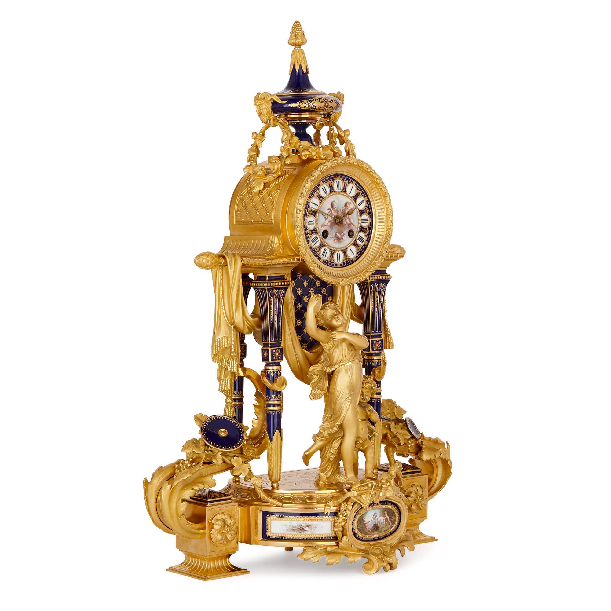 Rococo Sèvres Style Gilt Bronze Mounted Porcelain Clock Set For Sale