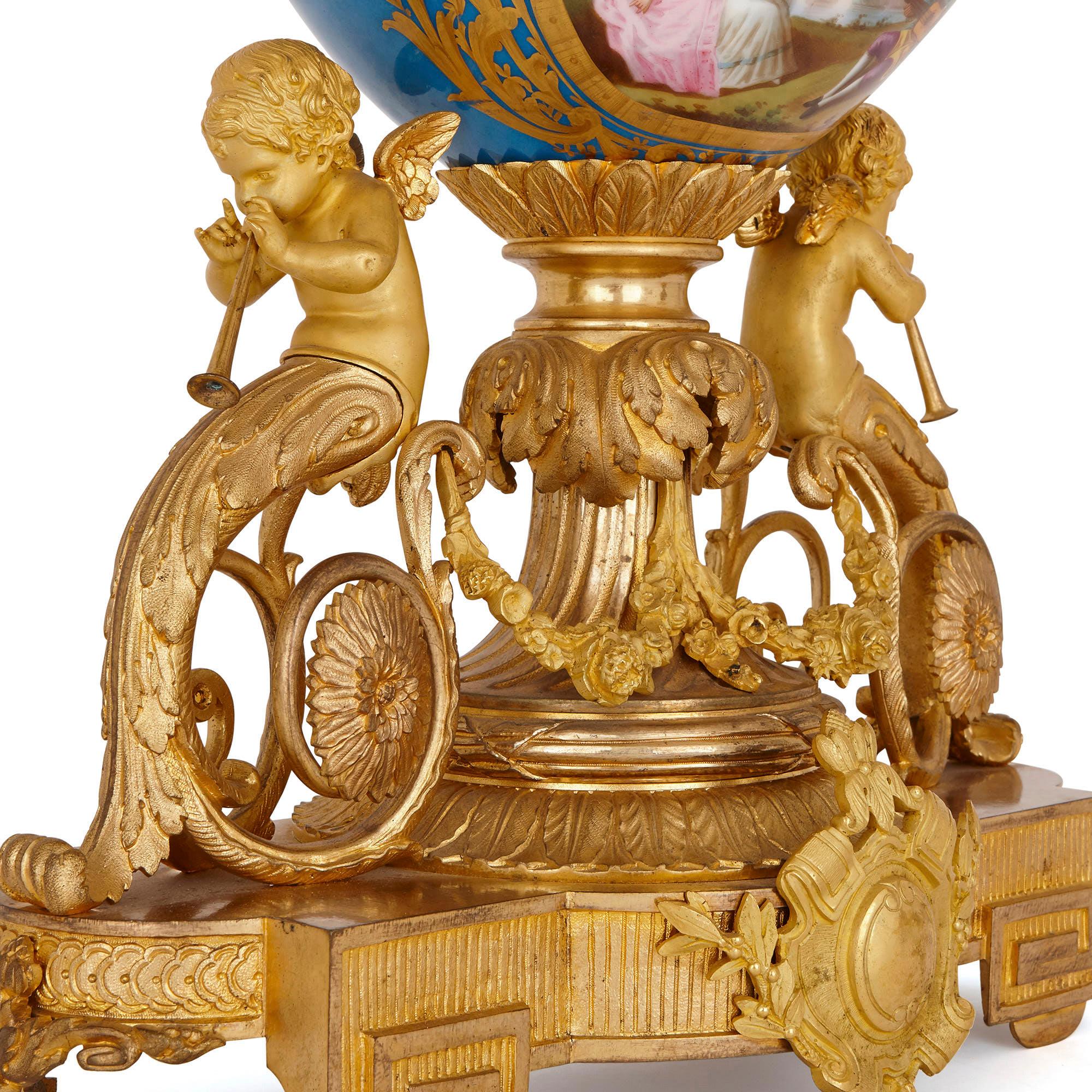 Rococo Sèvres Style Gilt Bronze Mounted Porcelain Clock Set For Sale