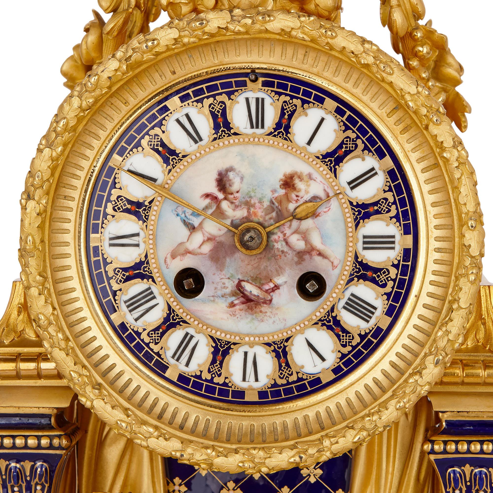 French Sèvres Style Gilt Bronze Mounted Porcelain Clock Set For Sale