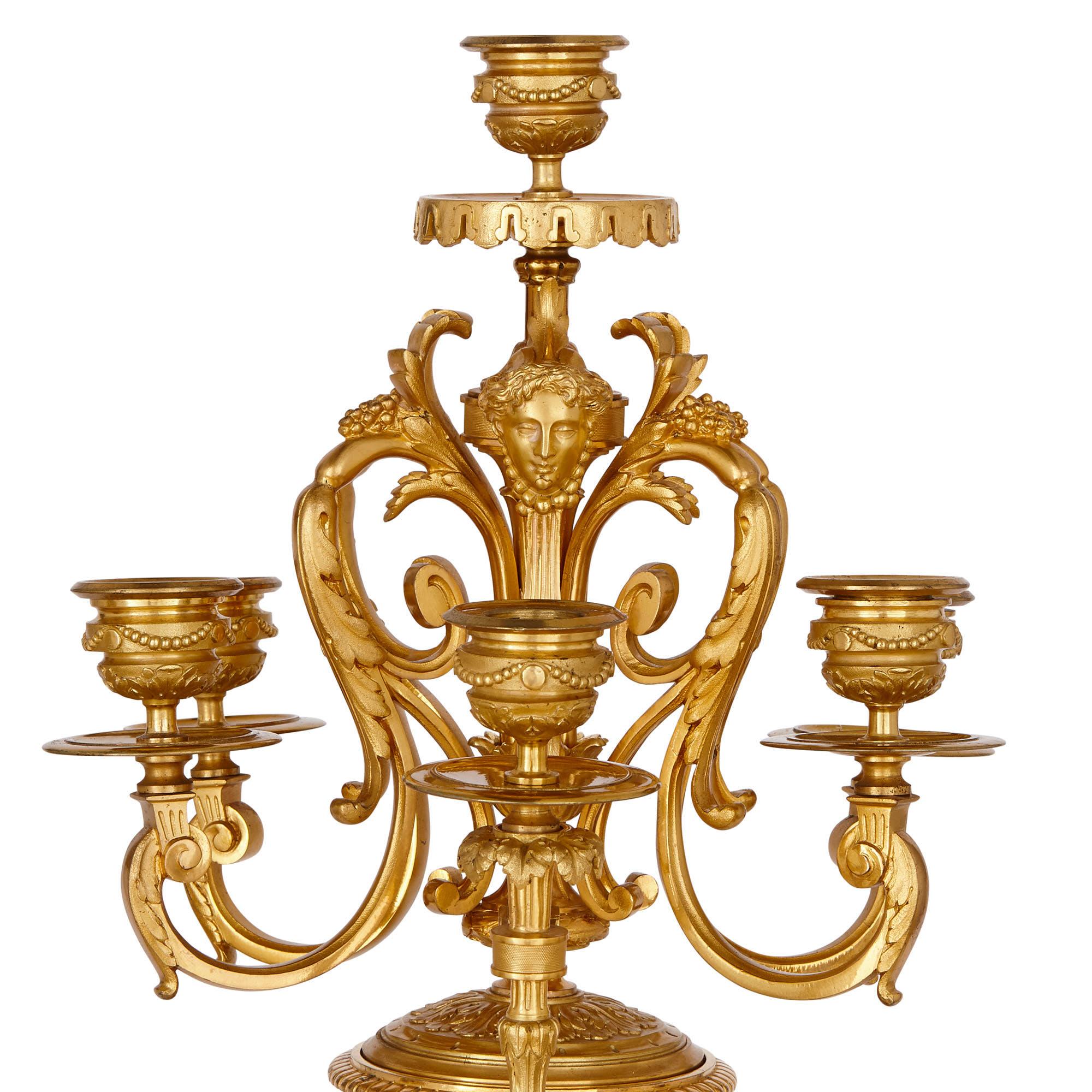 19th Century Sèvres Style Gilt Bronze Mounted Porcelain Clock Set For Sale