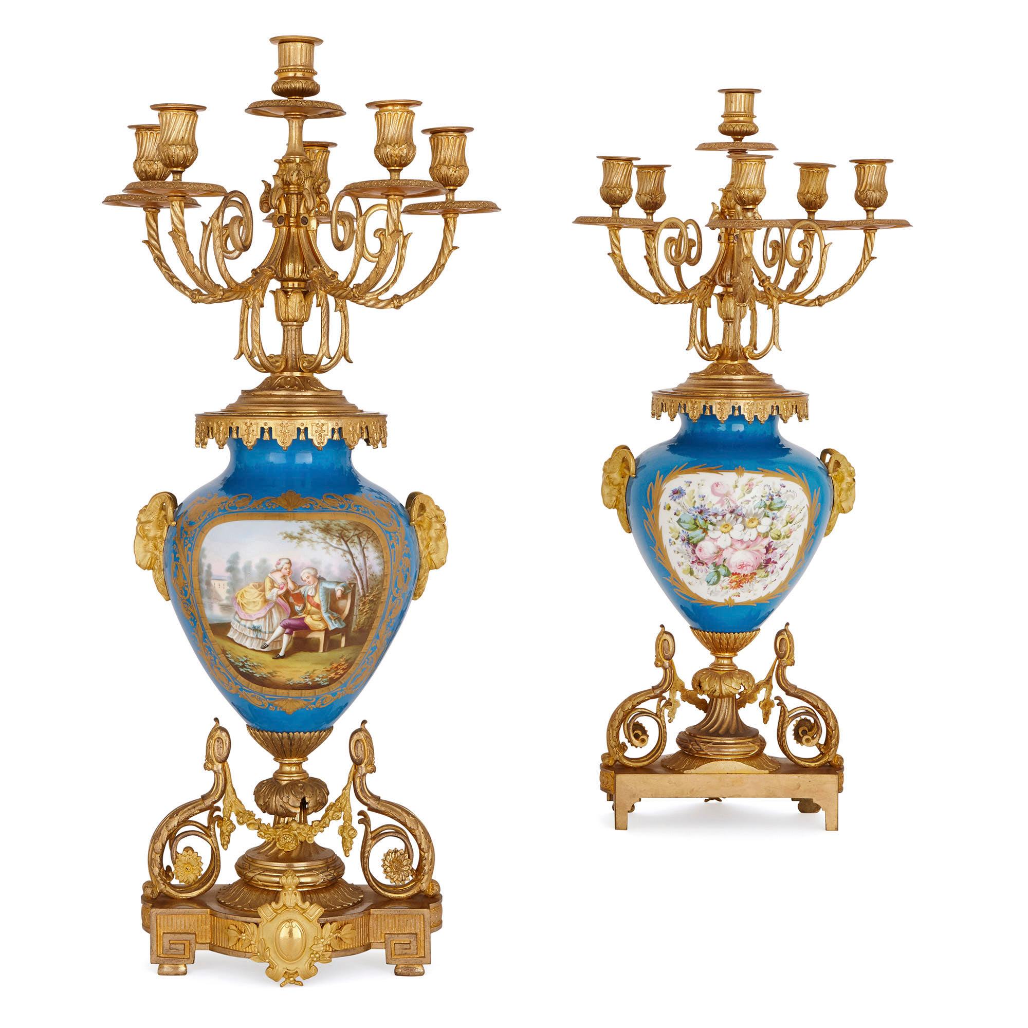 19th Century Sèvres Style Gilt Bronze Mounted Porcelain Clock Set For Sale