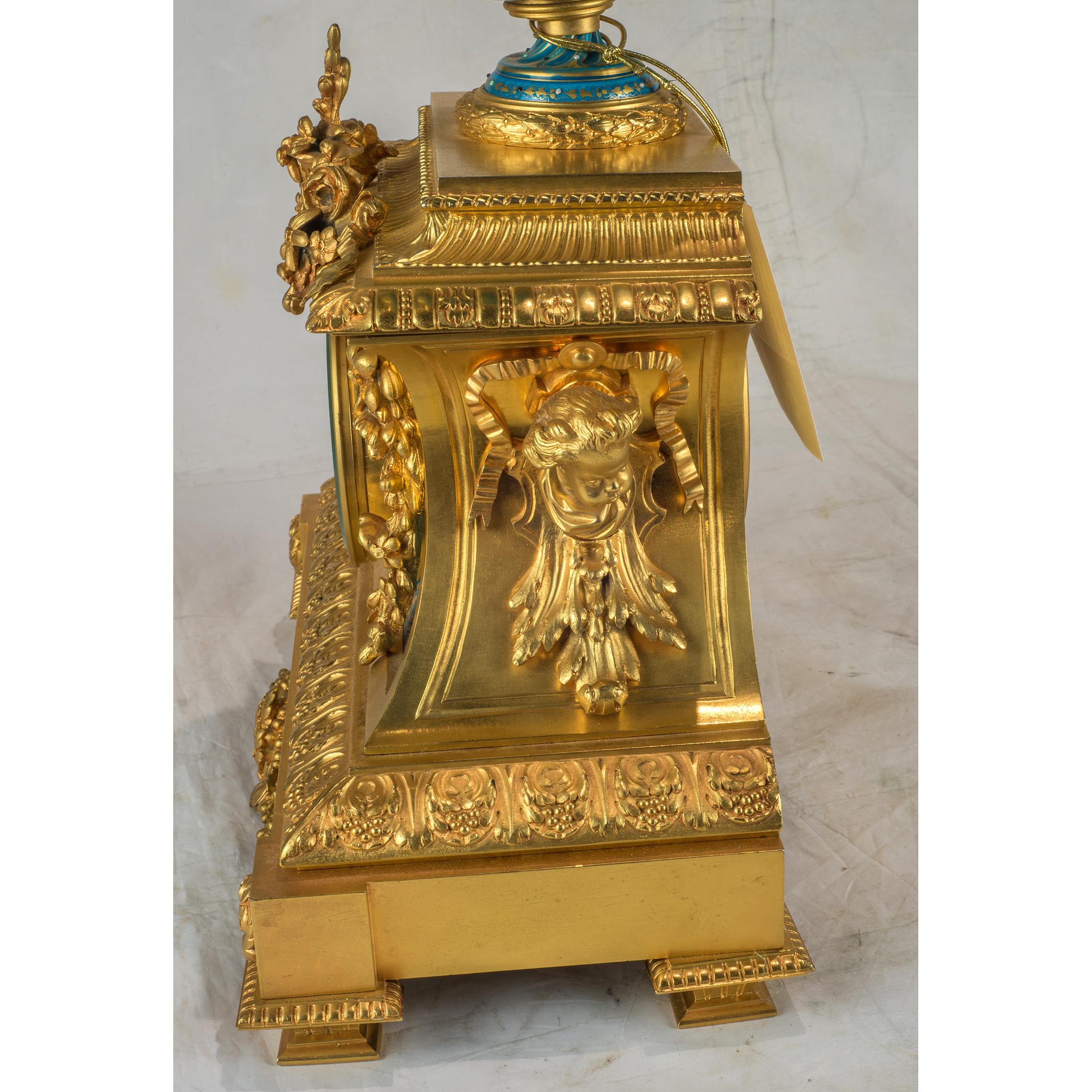 French Sèvres-Style Gilt Bronze Mounted Porcelain Mantel Clock For Sale