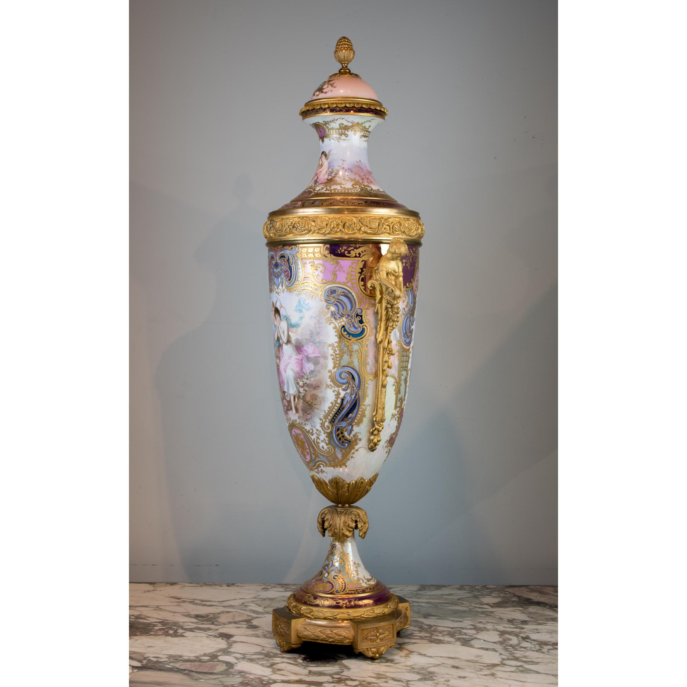 French Sèvres Style Gilt Bronze Mounted Porcelain Pink Iridescent Glaze Portrait Vase  For Sale
