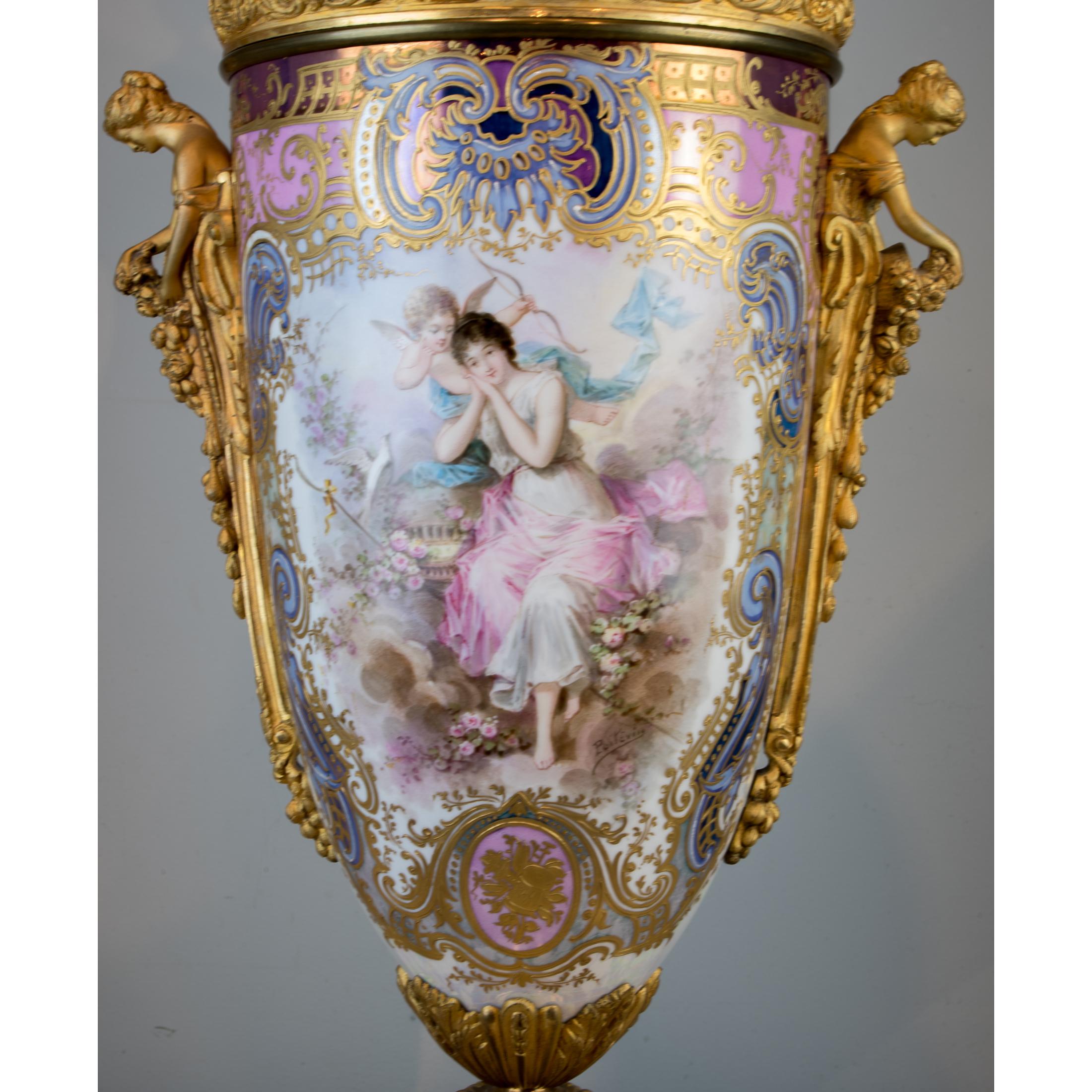 19th Century Sèvres Style Gilt Bronze Mounted Porcelain Pink Iridescent Glaze Portrait Vase  For Sale