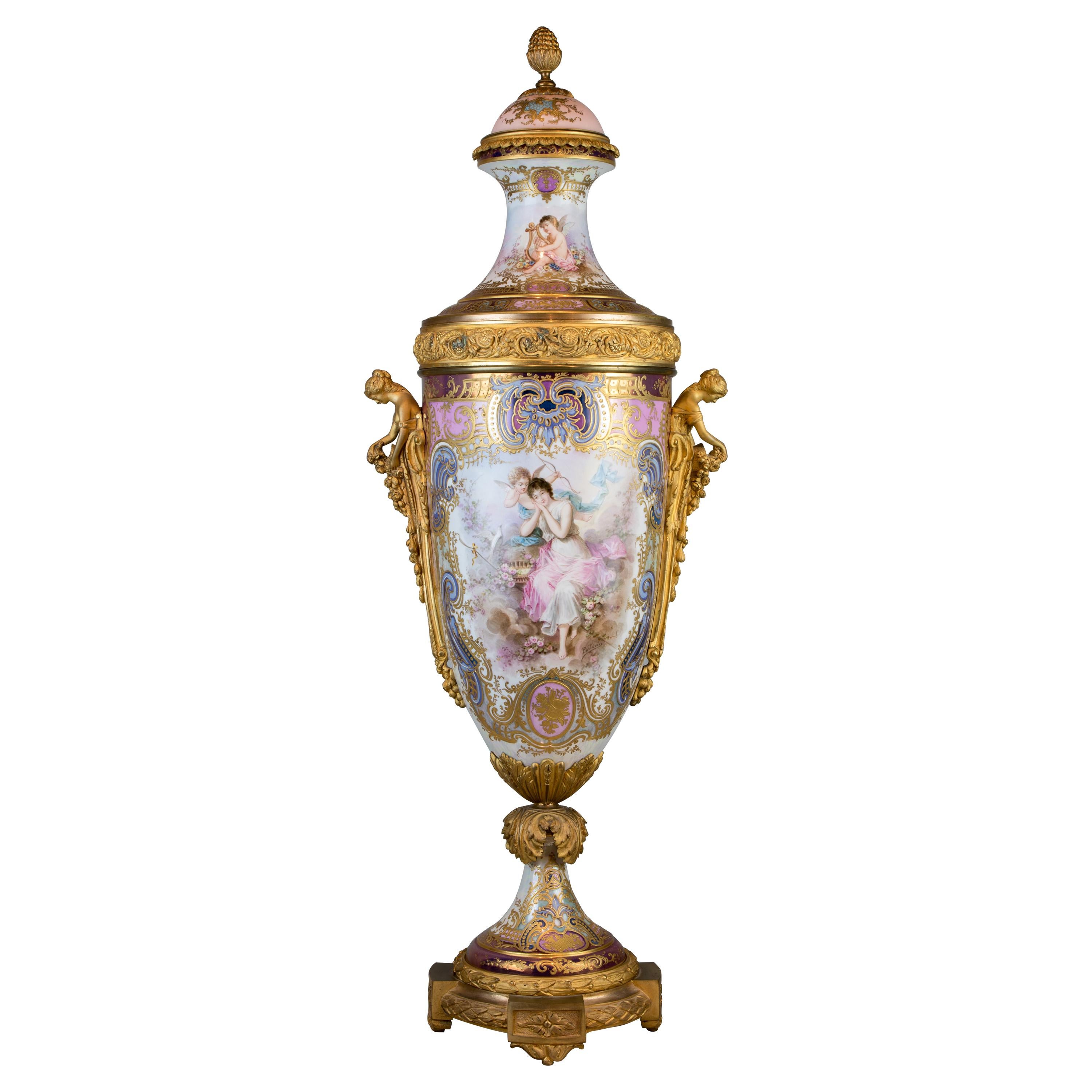 Sèvres Style Gilt Bronze Mounted Porcelain Pink Iridescent Glaze Portrait Vase  For Sale