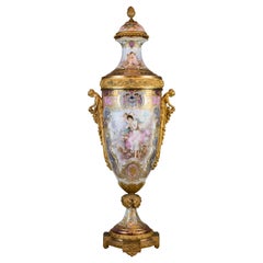Sèvres Style Gilt Bronze Mounted Porcelain Pink Iridescent Glaze Portrait Vase 