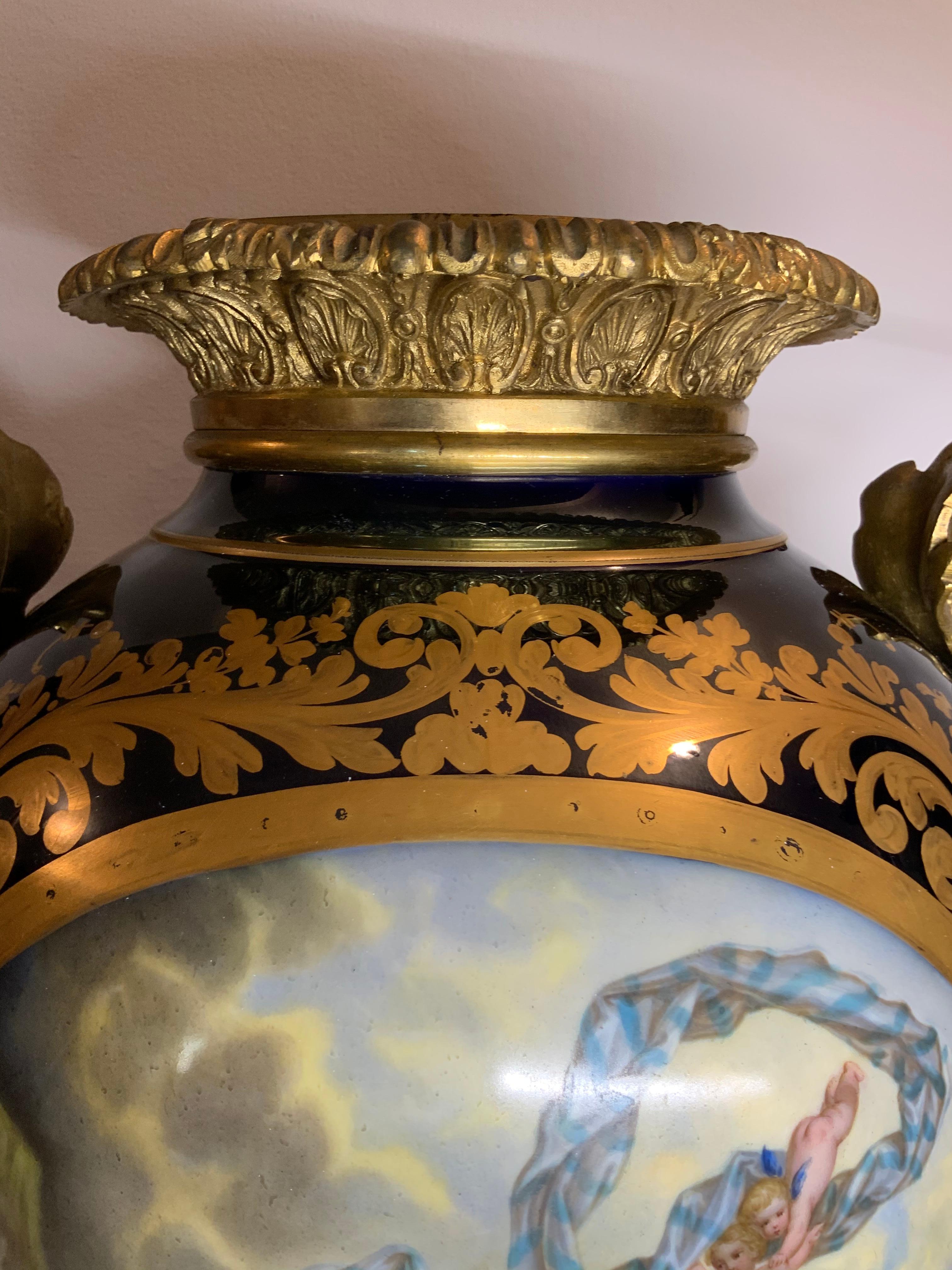 Sevres Style Grand Gilt Bronze Hand Painted Cobalt Blue Porcelain Urn For Sale 4
