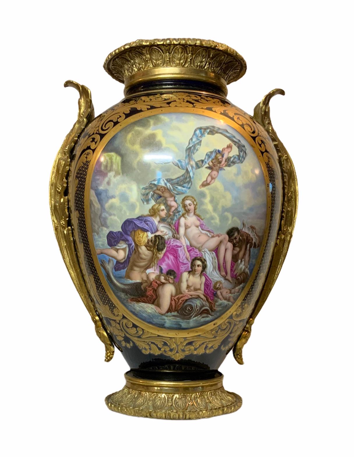 Sevres Style Grand Gilt Bronze Hand Painted Cobalt Blue Porcelain Urn For Sale 9