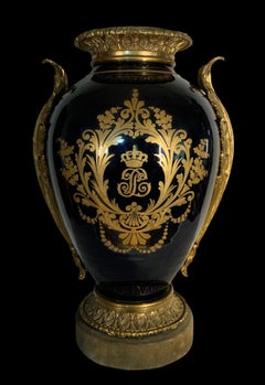 Sevres Style Grand Gilt Bronze Hand Painted Cobalt Blue Porcelain Urn