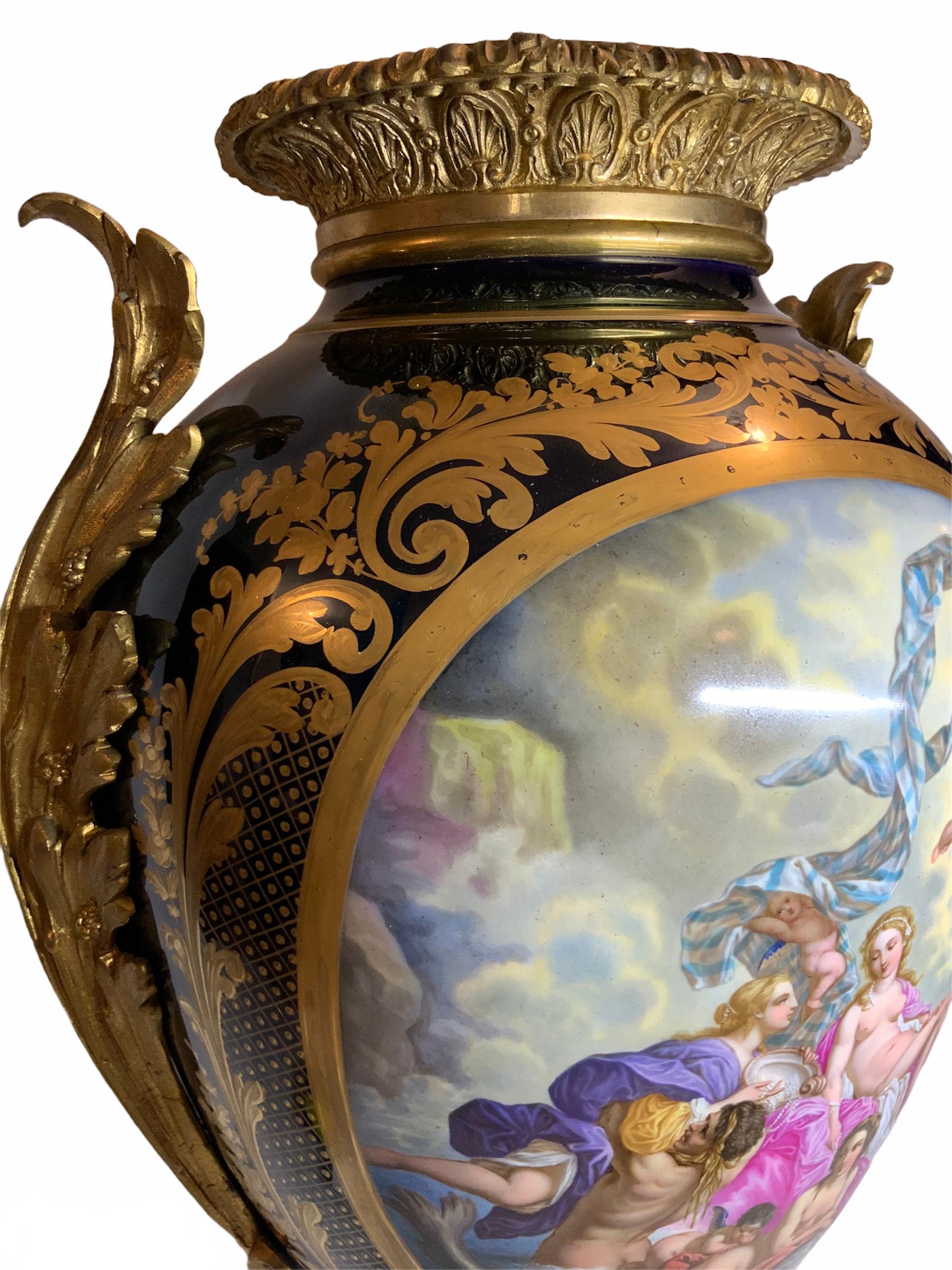Rococo Sevres Style Grand Gilt Bronze Hand Painted Cobalt Blue Porcelain Urn For Sale