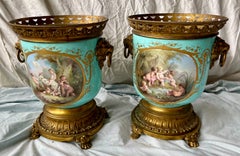 Sevres Style Hand Painted Cherub Ceramic Gilt Metal Cache Pot a Pair