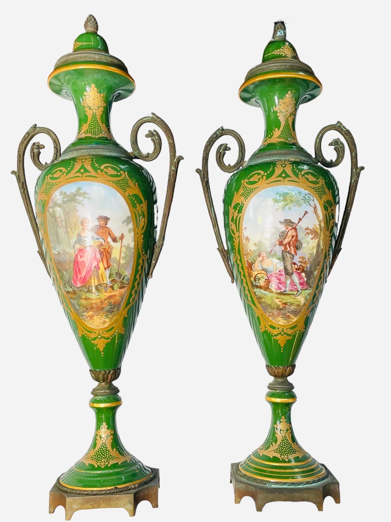 Sevres Style Hand Painted Porcelain And Bronze Pair Of Urns For Sale 4