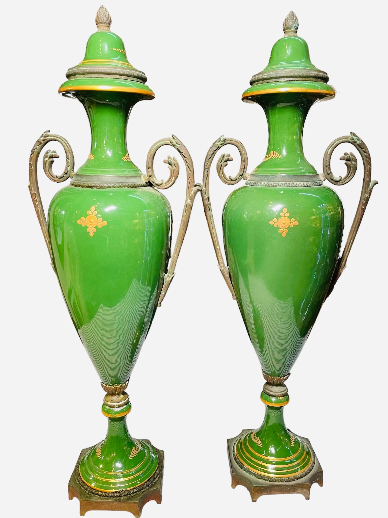Sevres Style Hand Painted Porcelain And Bronze Pair Of Urns For Sale 6