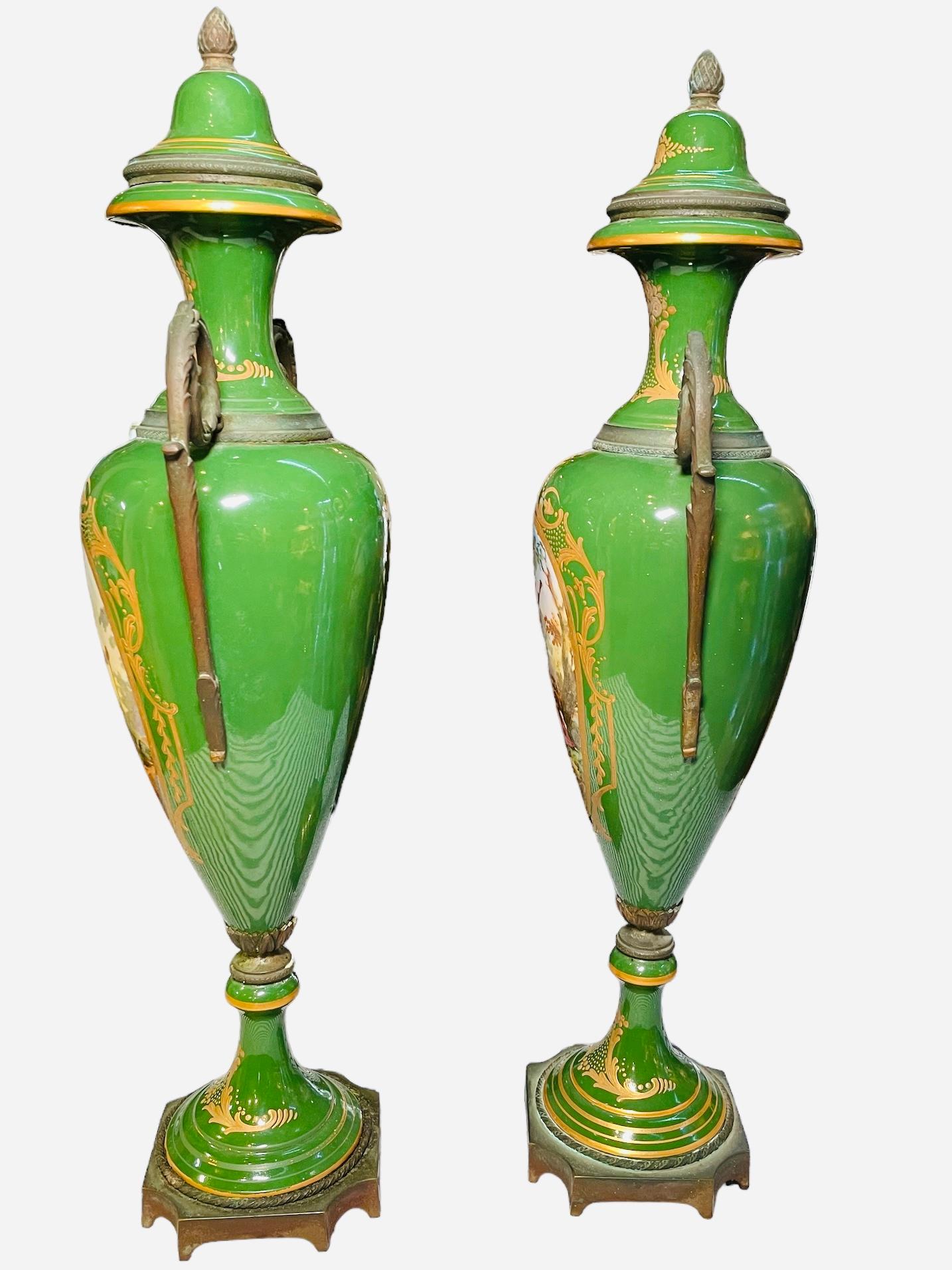 Sevres Style Hand Painted Porcelain And Bronze Pair Of Urns For Sale 7