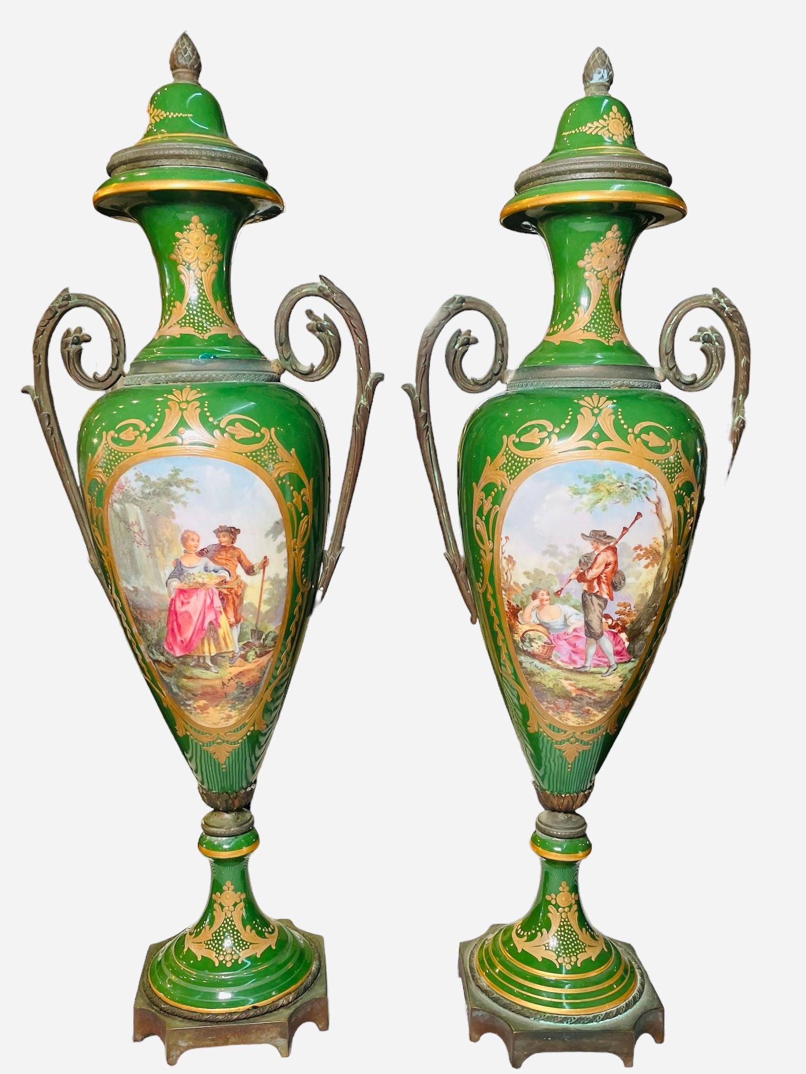 Sevres Style Hand Painted Porcelain And Bronze Pair Of Urns For Sale 11