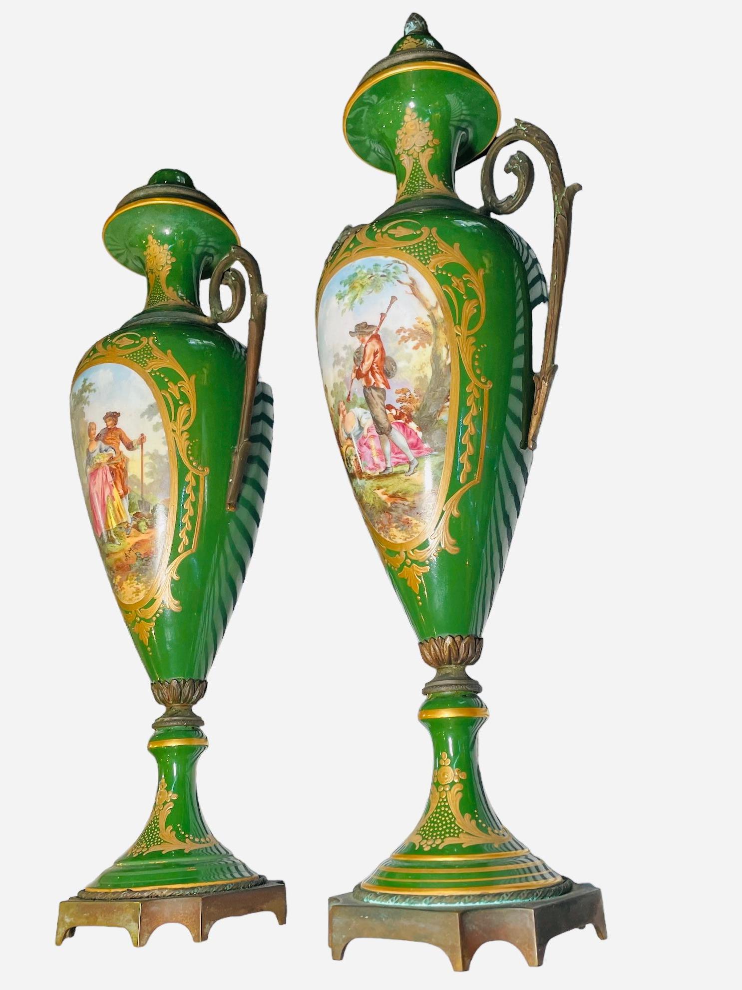 Hand-Painted Sevres Style Hand Painted Porcelain And Bronze Pair Of Urns For Sale