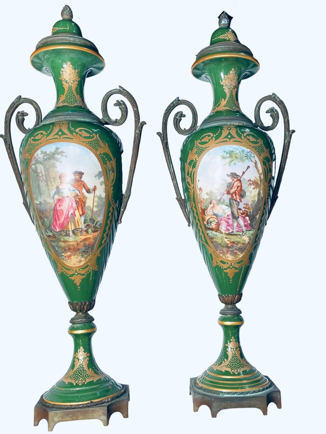 20th Century Sevres Style Hand Painted Porcelain And Bronze Pair Of Urns For Sale