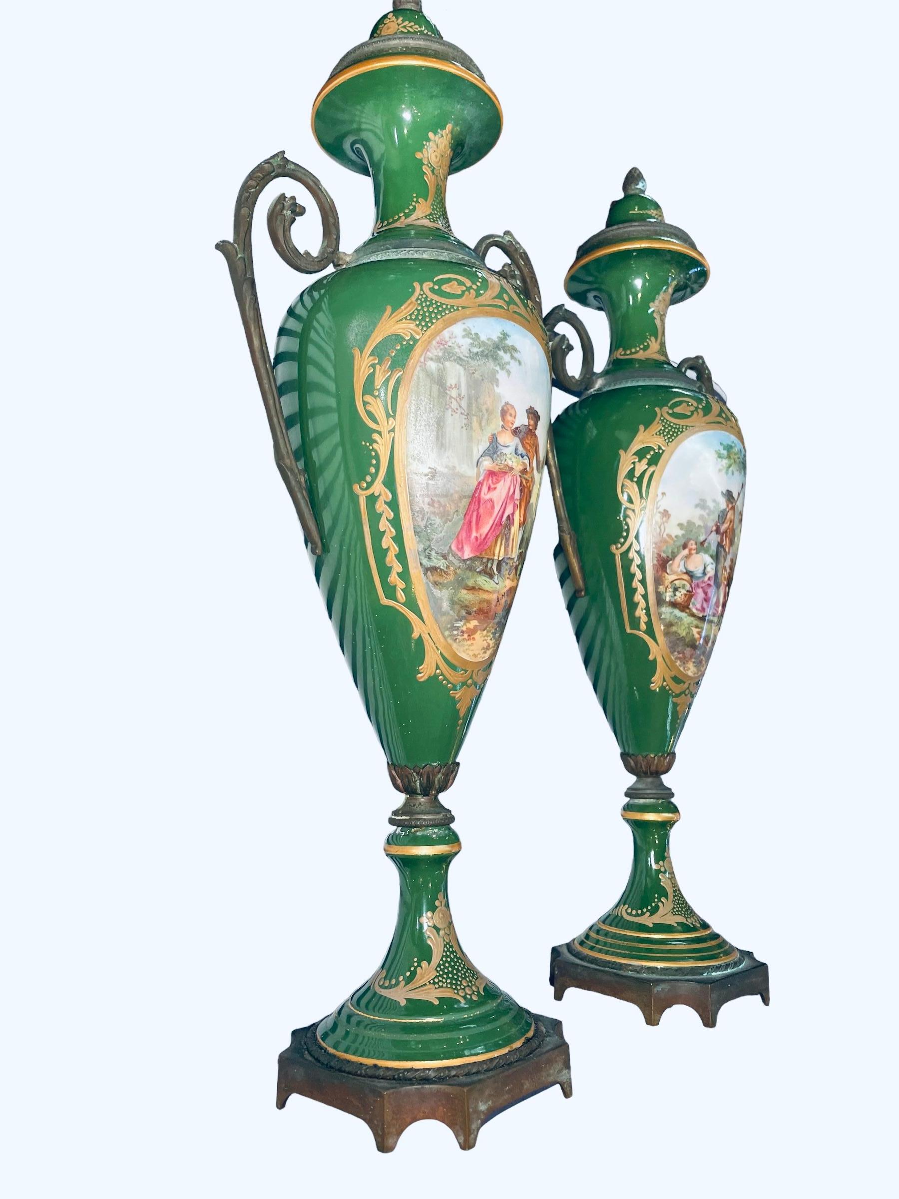 Sevres Style Hand Painted Porcelain And Bronze Pair Of Urns For Sale 2