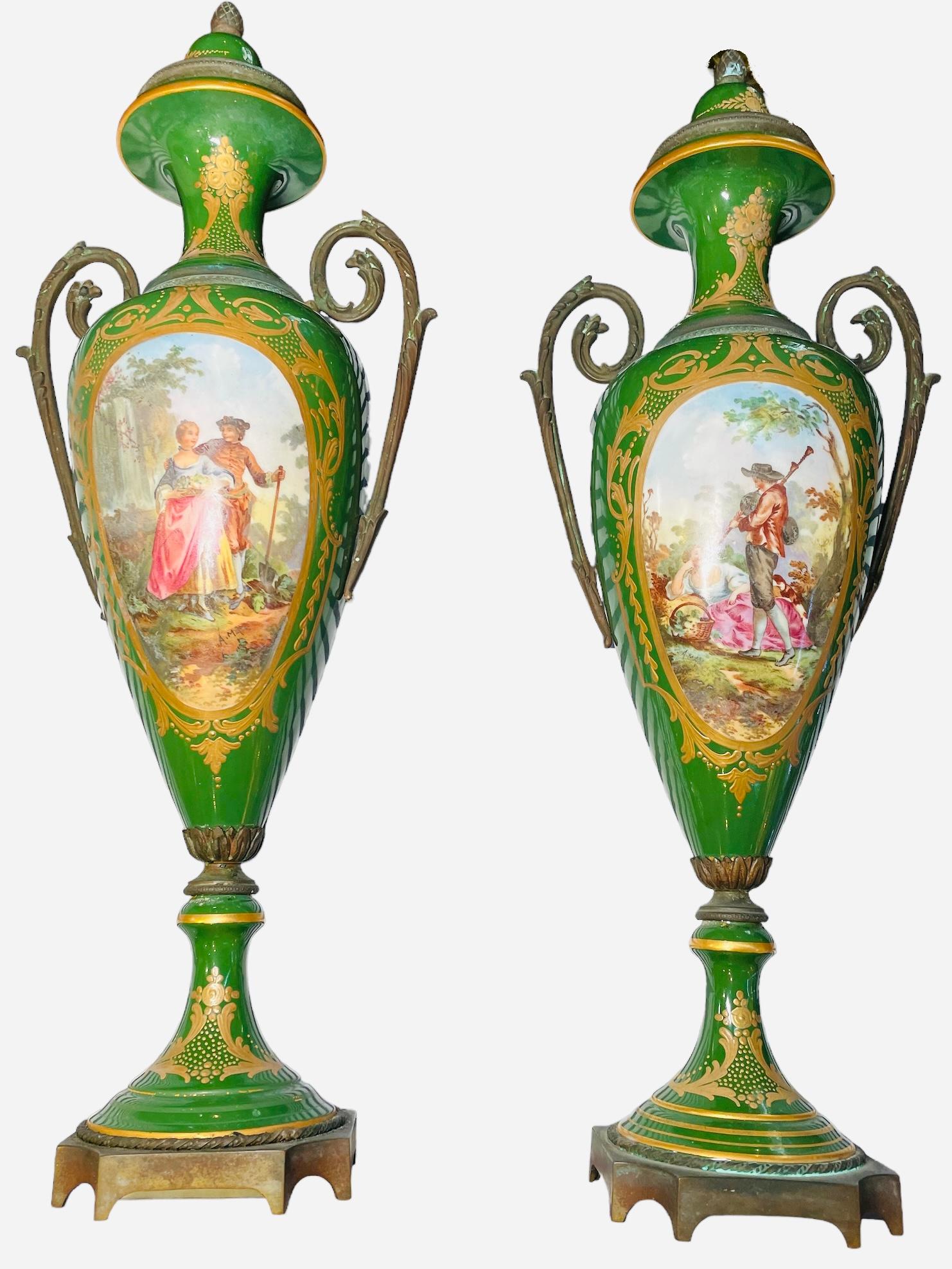 Sevres Style Hand Painted Porcelain And Bronze Pair Of Urns For Sale 3