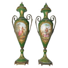 Vintage Sevres Style Hand Painted Porcelain And Bronze Pair Of Urns