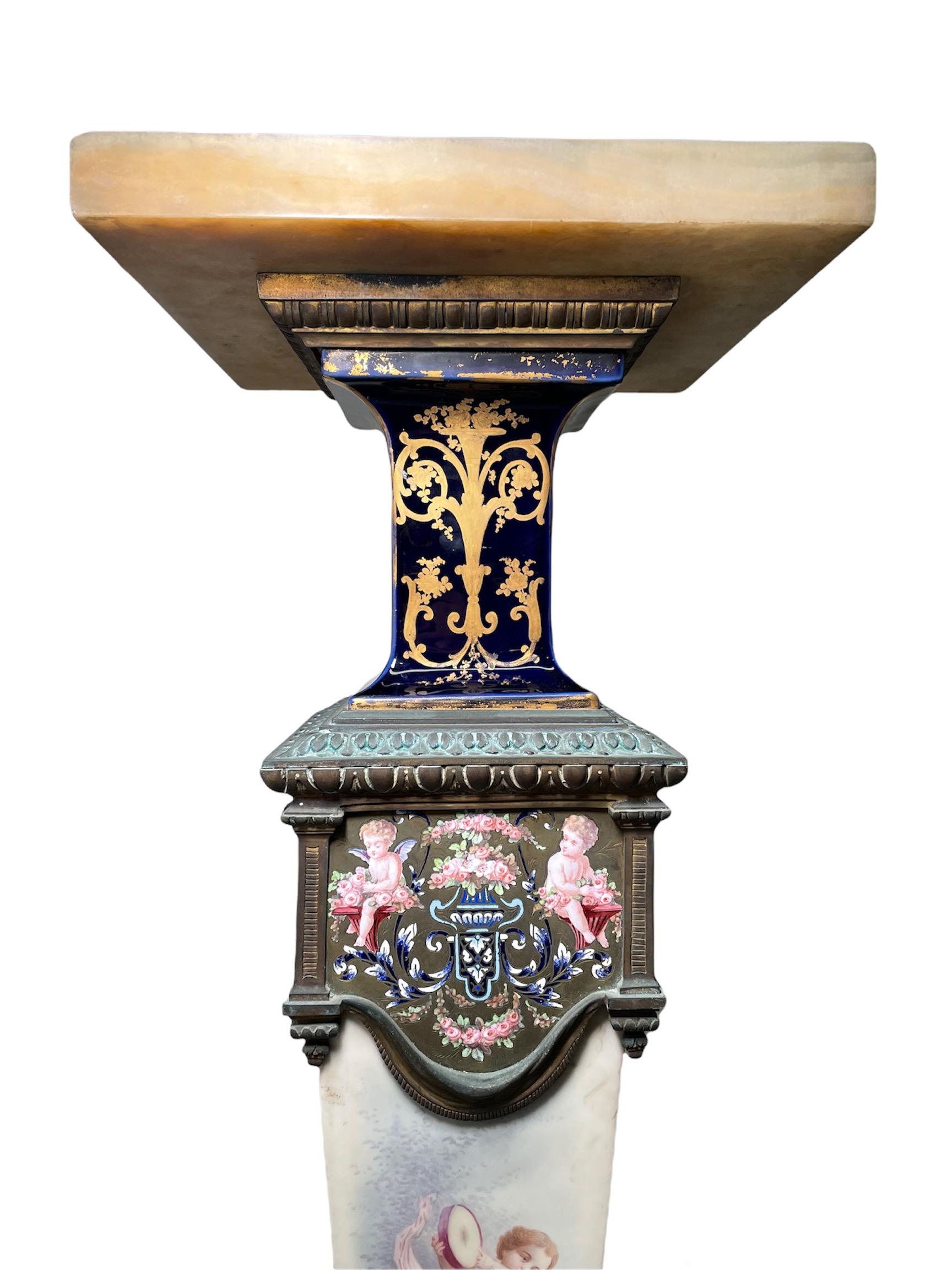 Neoclassical Sevres Style Hand Painted Porcelain Bronze and Mounted Onyx Pedestal For Sale