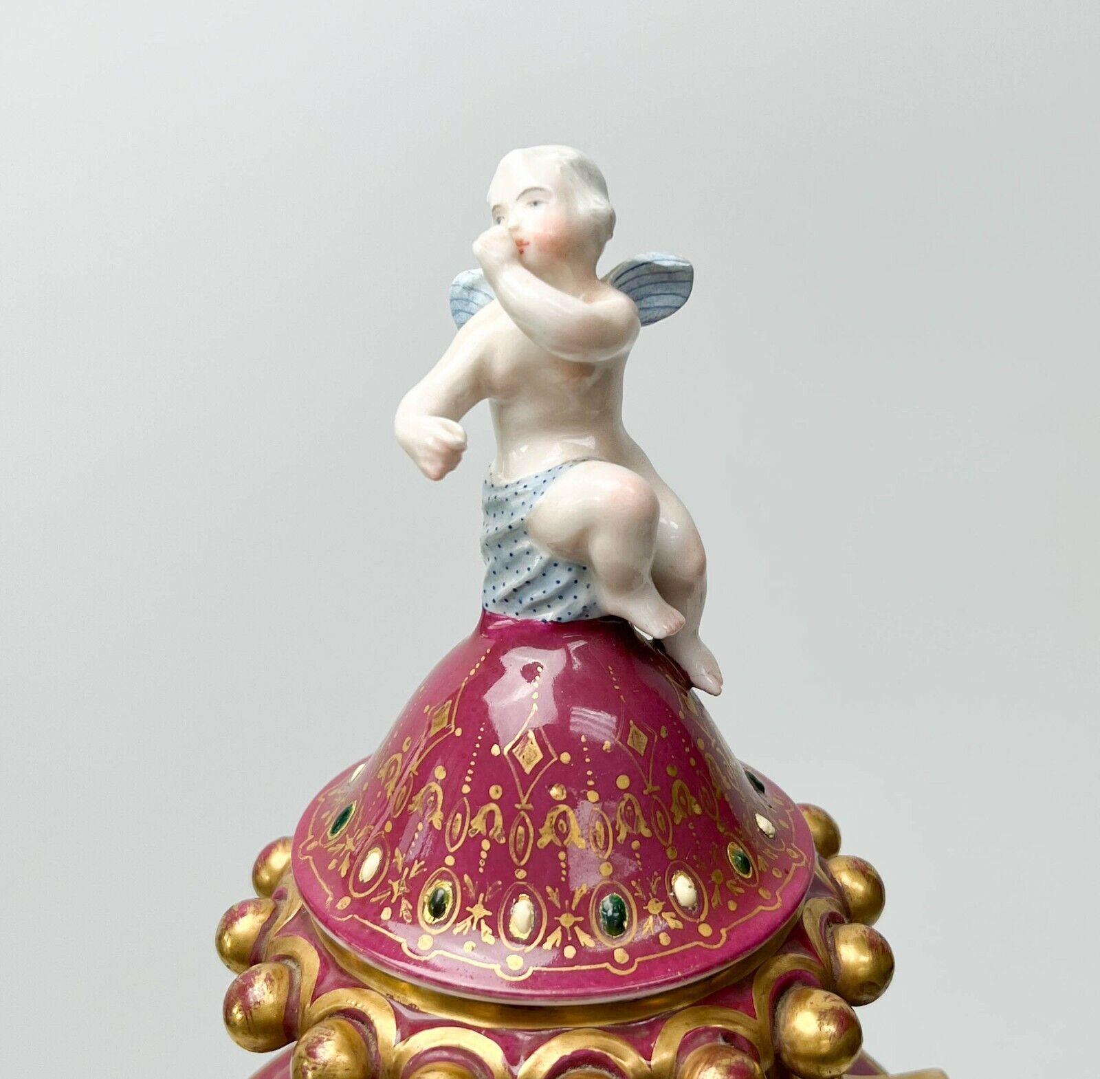 Hand-Painted Sevres Style Hand Painted Porcelain Twin Handled Covered Urn, circa 1900 For Sale