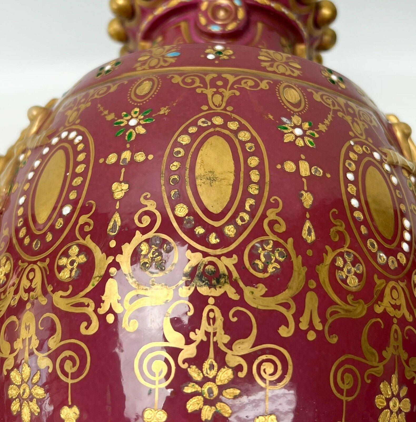Sevres Style Hand Painted Porcelain Twin Handled Covered Urn, circa 1900 In Fair Condition For Sale In Gardena, CA