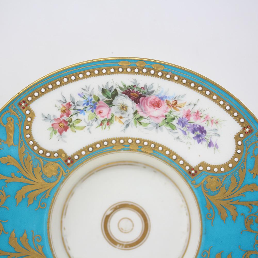 Hand-Painted Sevres Style Jewelled Chocolate Cup & Saucer 19th Century