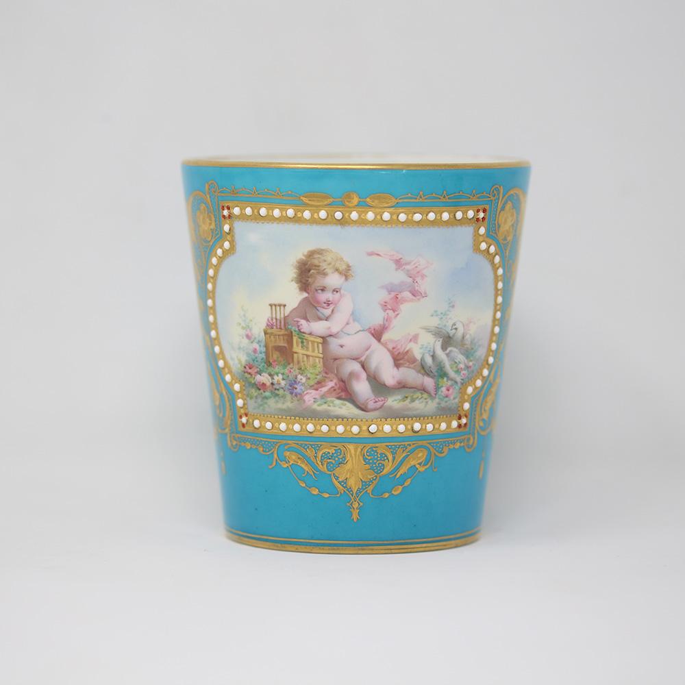 Sevres Style Jewelled Chocolate Cup & Saucer 19th Century 3