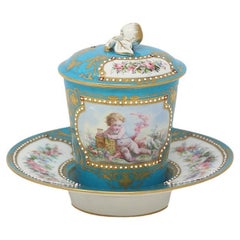 Sevres Style Jewelled Chocolate Cup & Saucer 19th Century