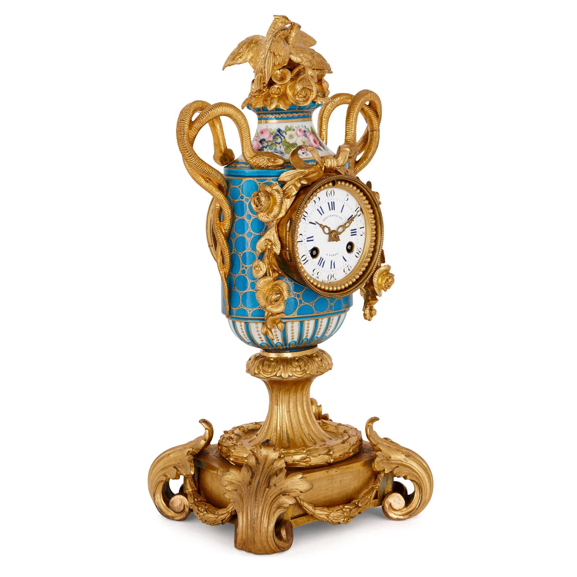 Napoleon III Sèvres Style Ormolu Mounted Mantel Clock by Kreisser For Sale
