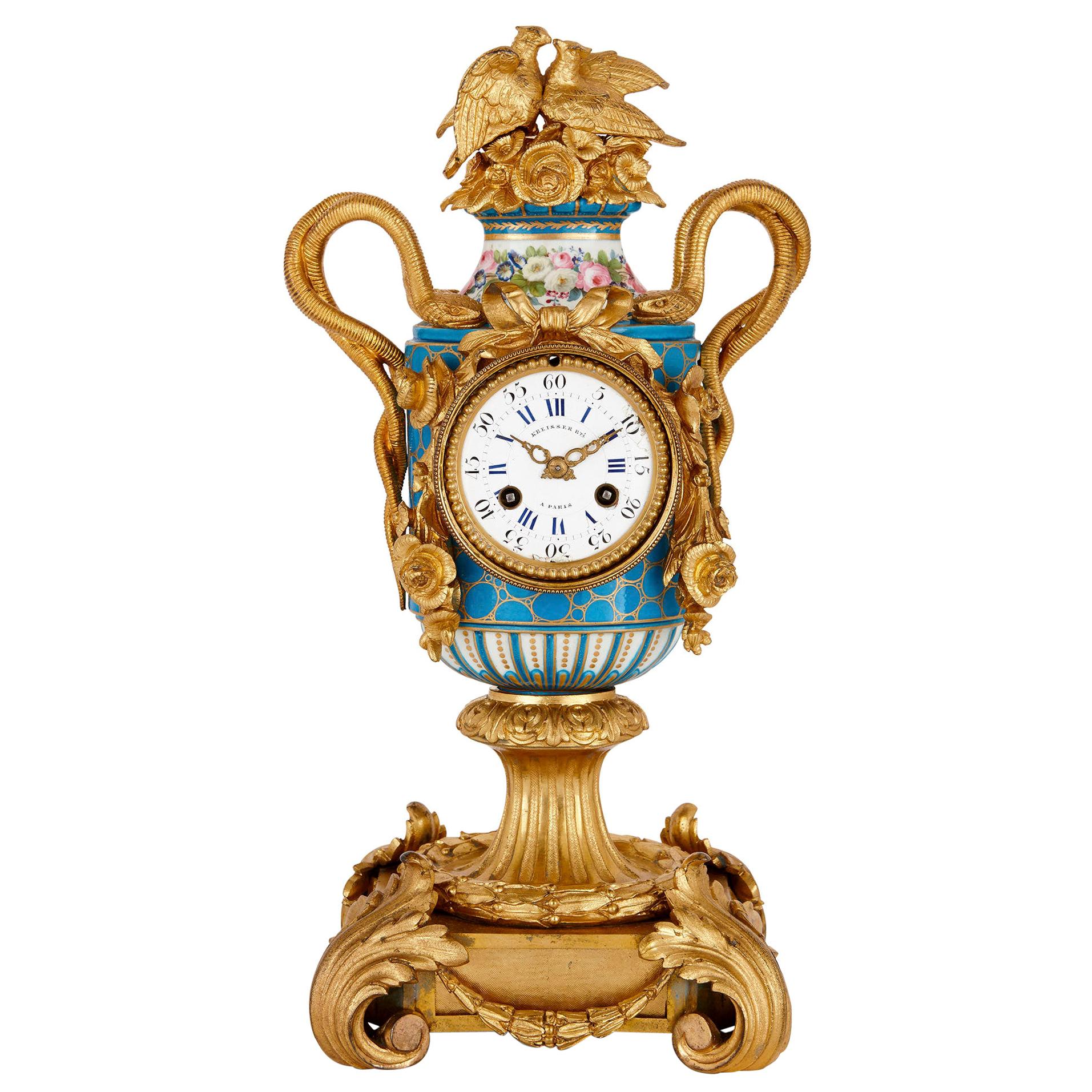 Sèvres Style Ormolu Mounted Mantel Clock by Kreisser