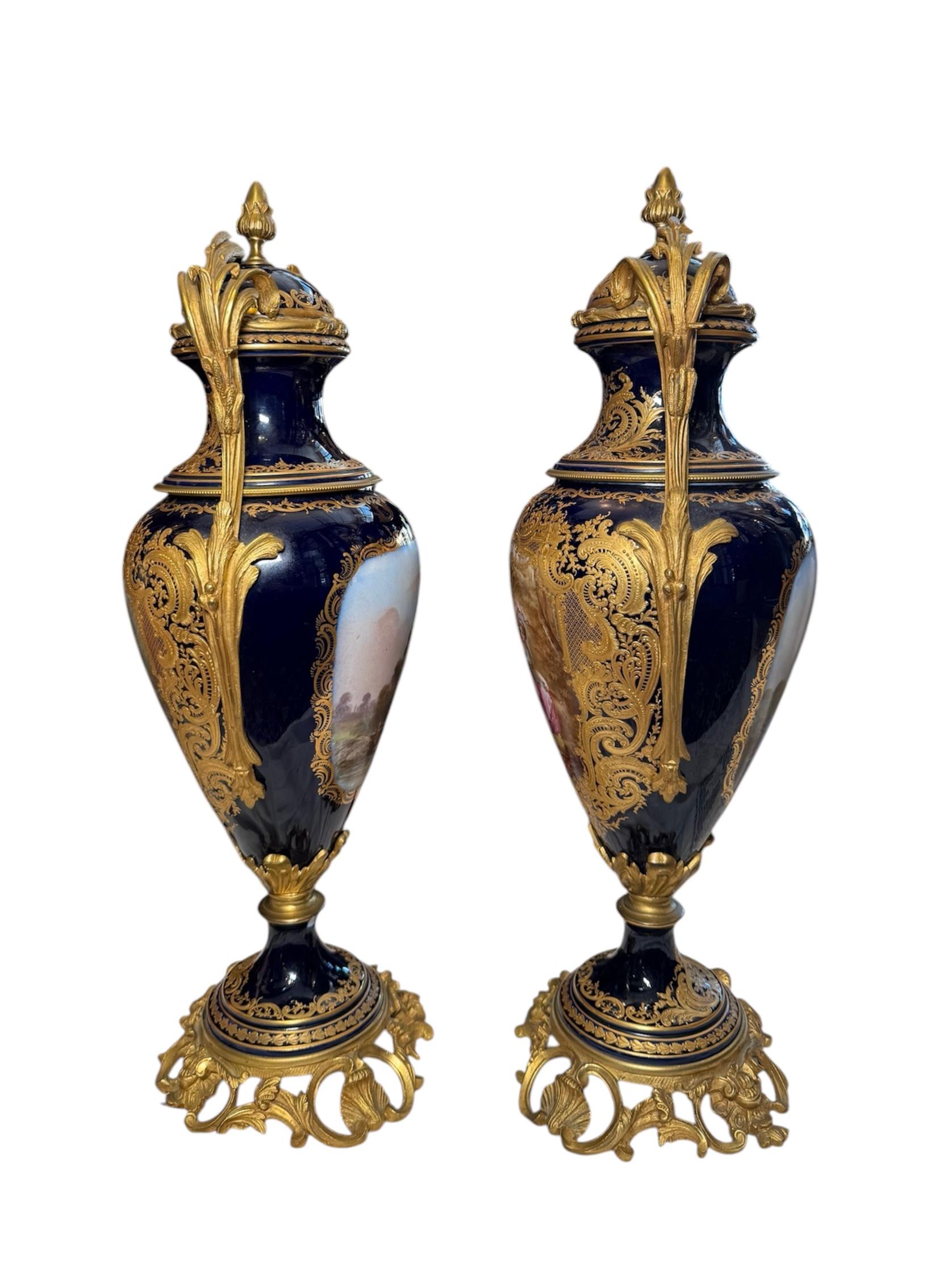 Sevres Style Pair Of Gilt Cobalt Blue Urns For Sale 4