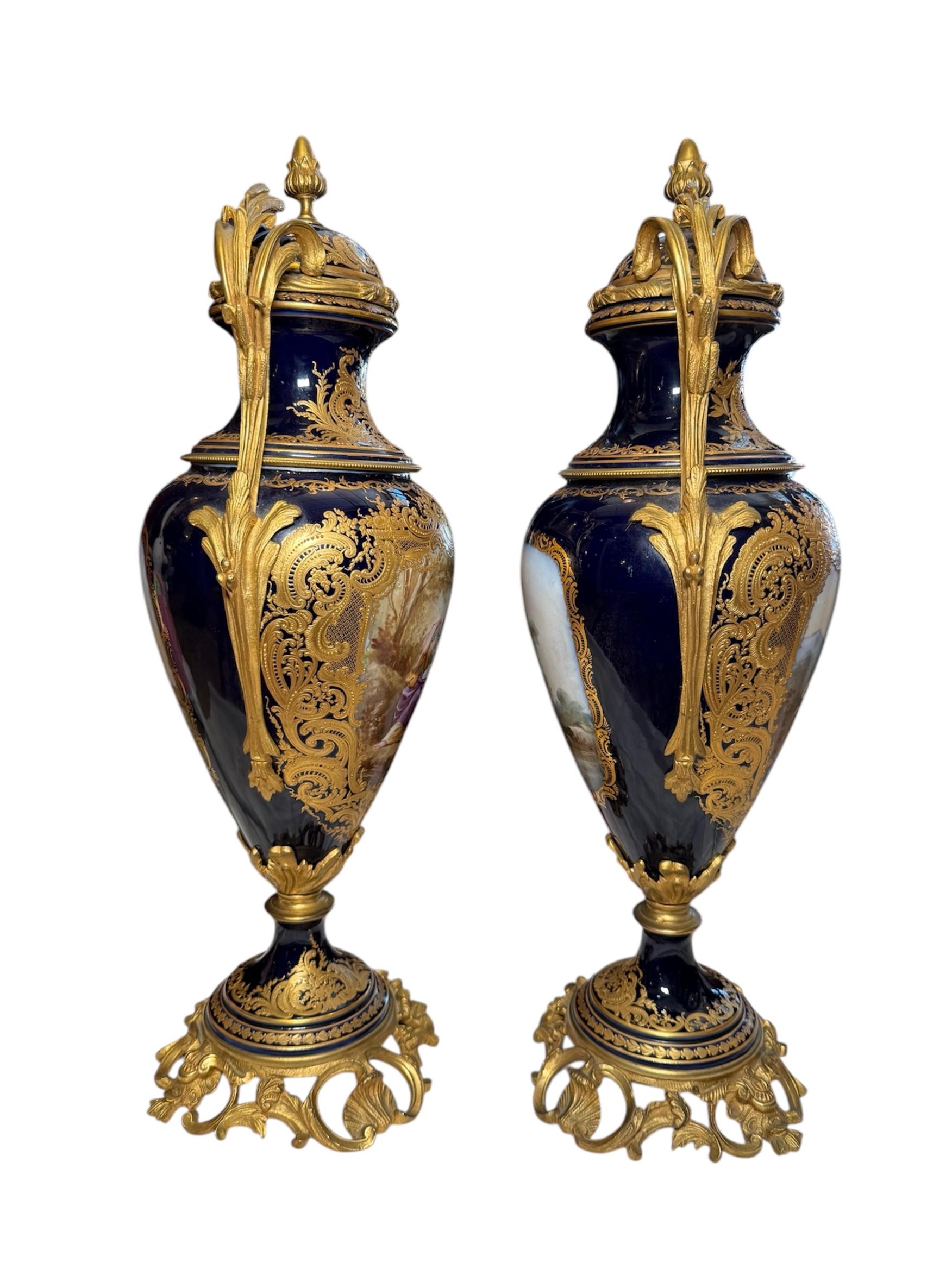 Sevres Style Pair Of Gilt Cobalt Blue Urns For Sale 10