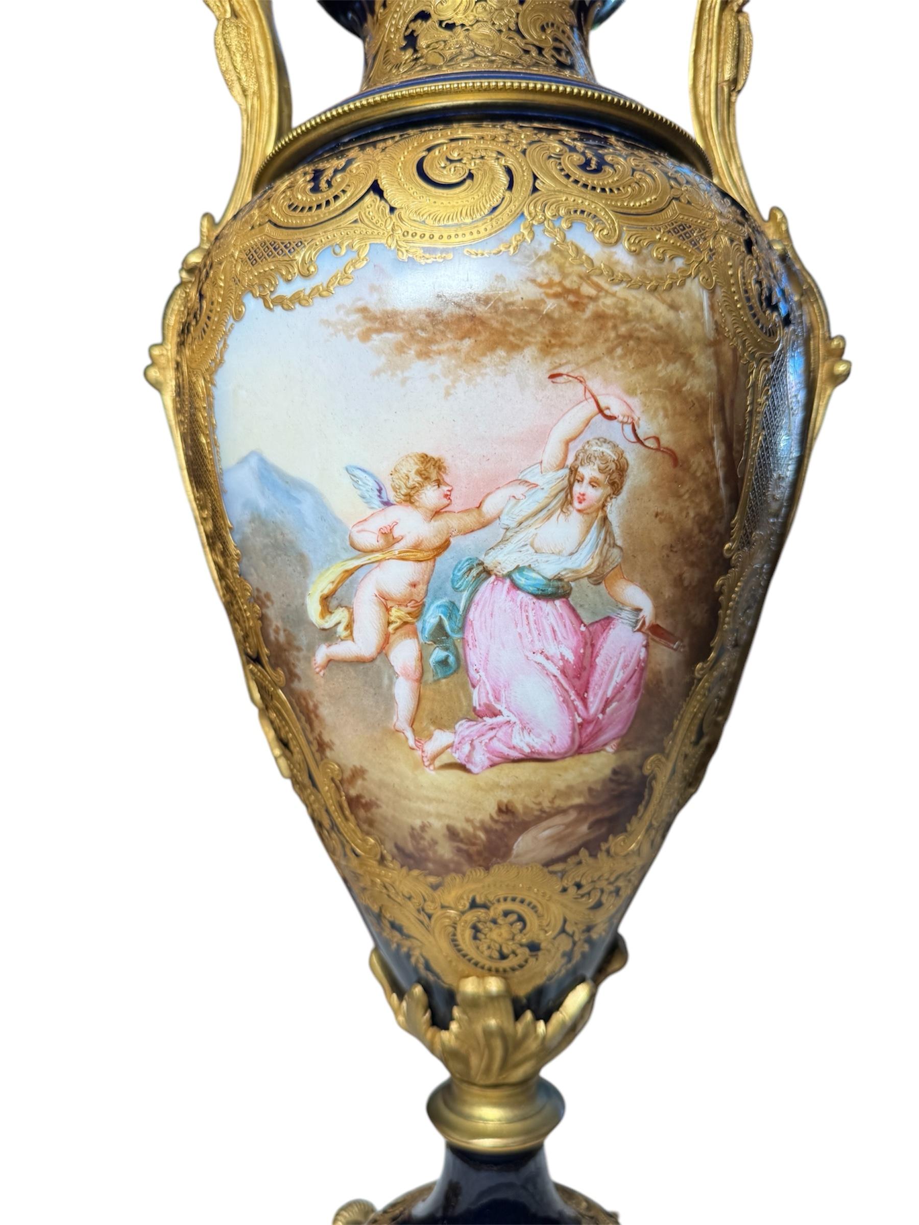 Sevres Style Pair Of Gilt Cobalt Blue Urns For Sale 11