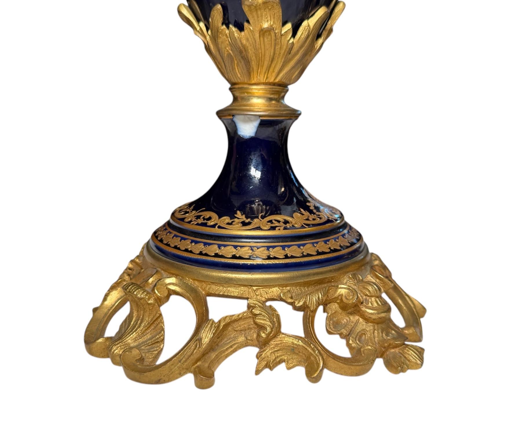 Sevres Style Pair Of Gilt Cobalt Blue Urns For Sale 12