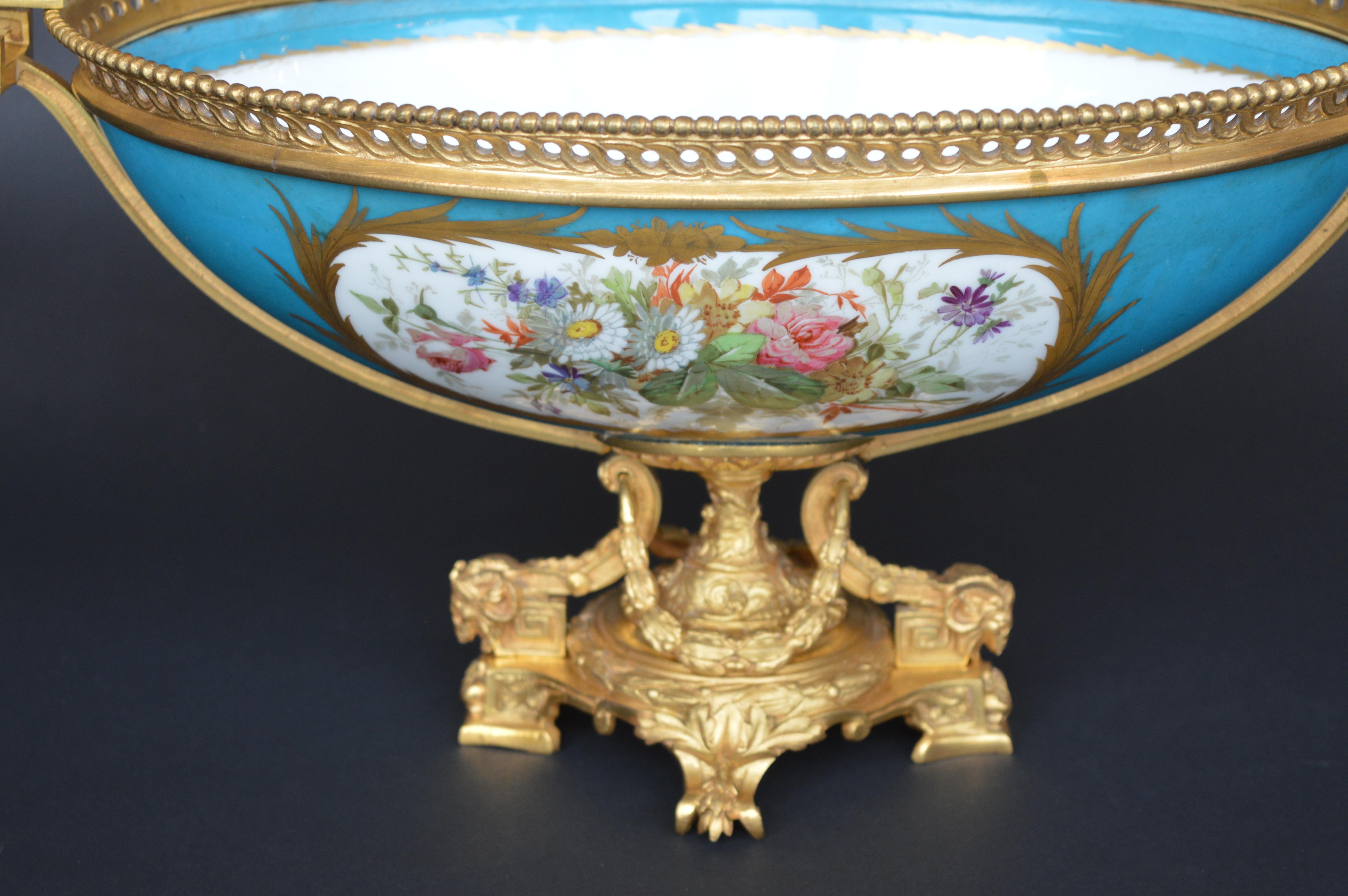 French Sevres Style Parcel-Gilt Ormolu Mounted Enameled Blue Celeste Bowl For Sale