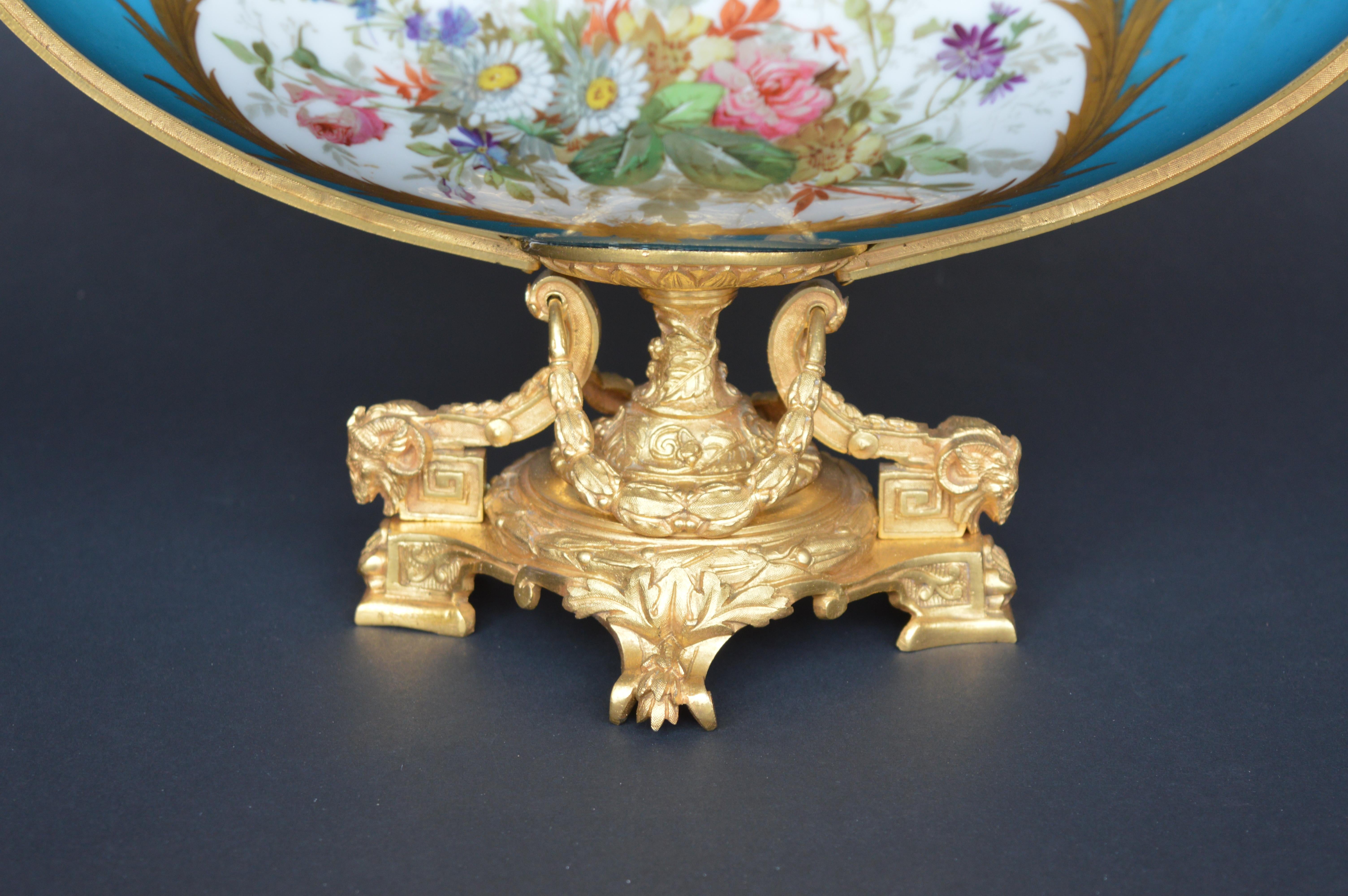 Sevres Style Parcel-Gilt Ormolu Mounted Enameled Blue Celeste Bowl In Good Condition For Sale In Los Angeles, CA