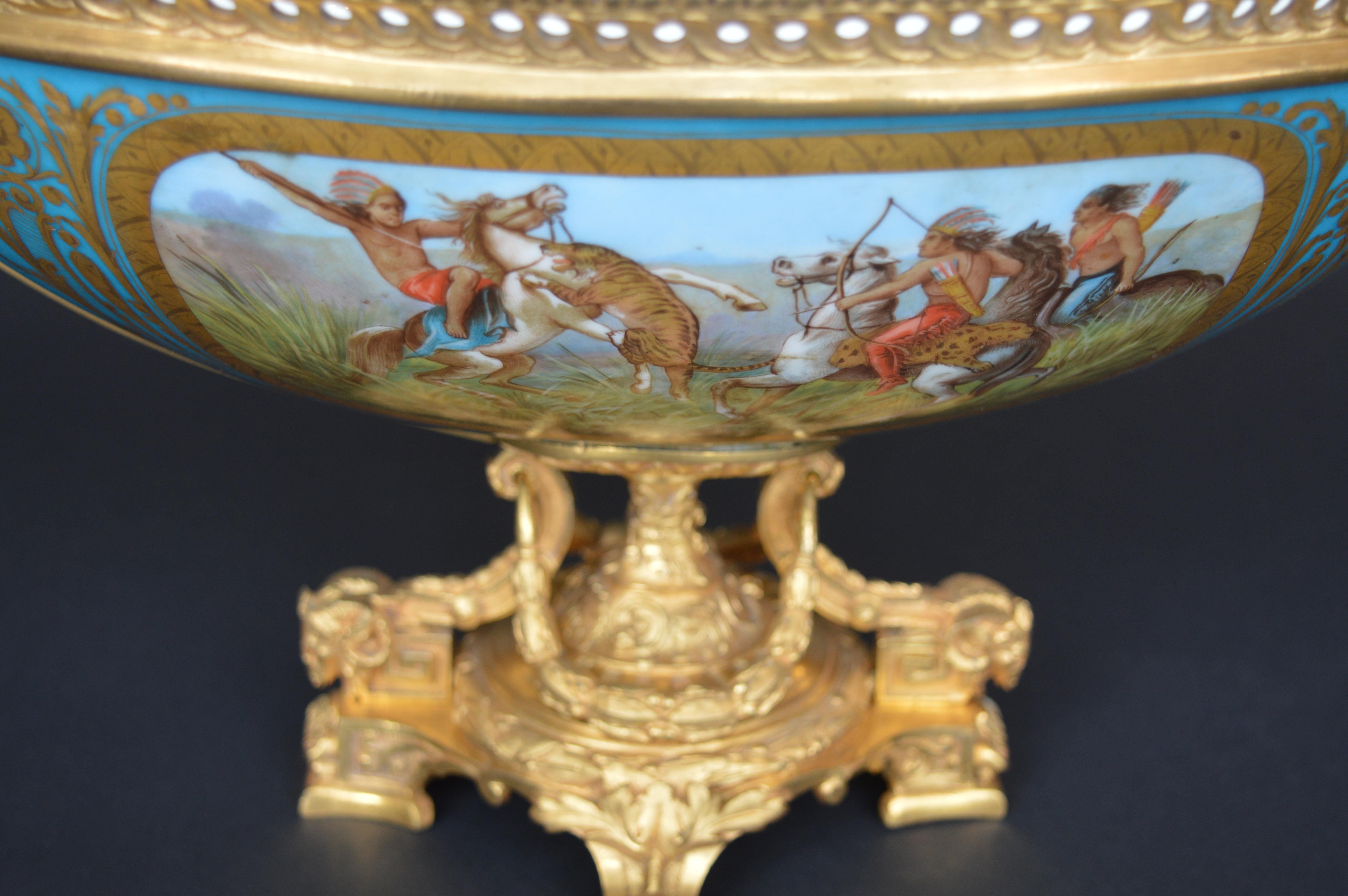 19th Century Sevres Style Parcel-Gilt Ormolu Mounted Enameled Blue Celeste Bowl For Sale