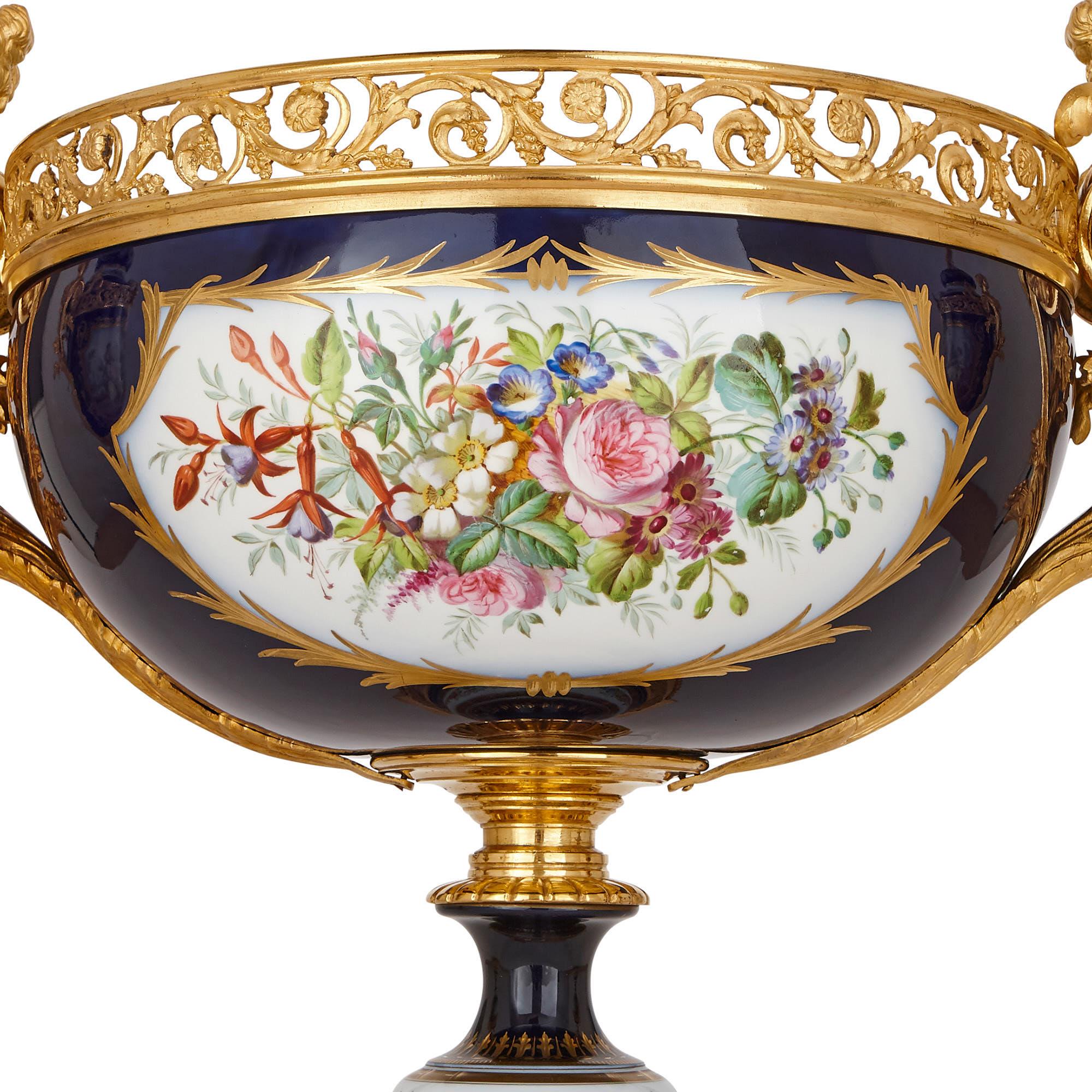 Rococo Sèvres Style Porcelain and Gilt Bronze Jardiniere and Vase Garniture  For Sale