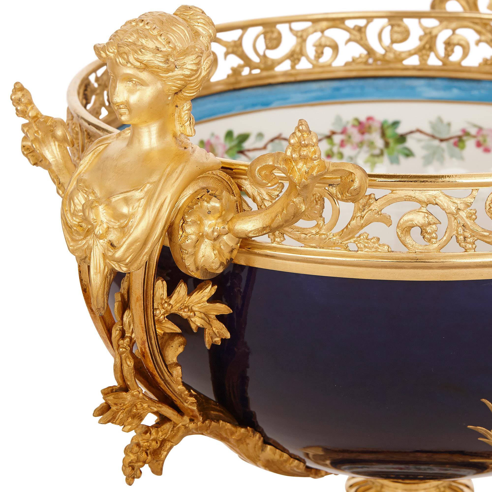 French Sèvres Style Porcelain and Gilt Bronze Jardiniere and Vase Garniture  For Sale
