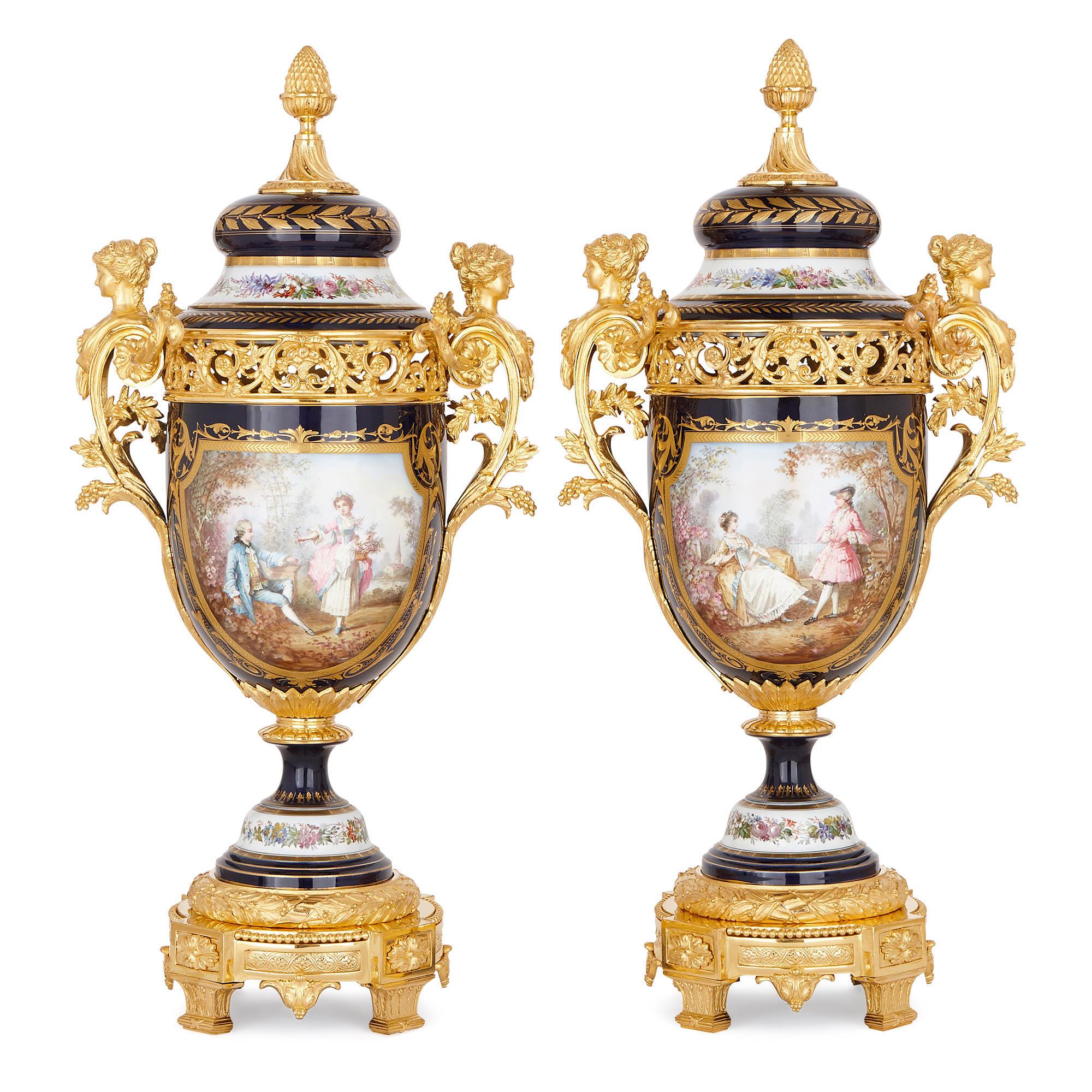 19th Century Sèvres Style Porcelain and Gilt Bronze Jardiniere and Vase Garniture  For Sale