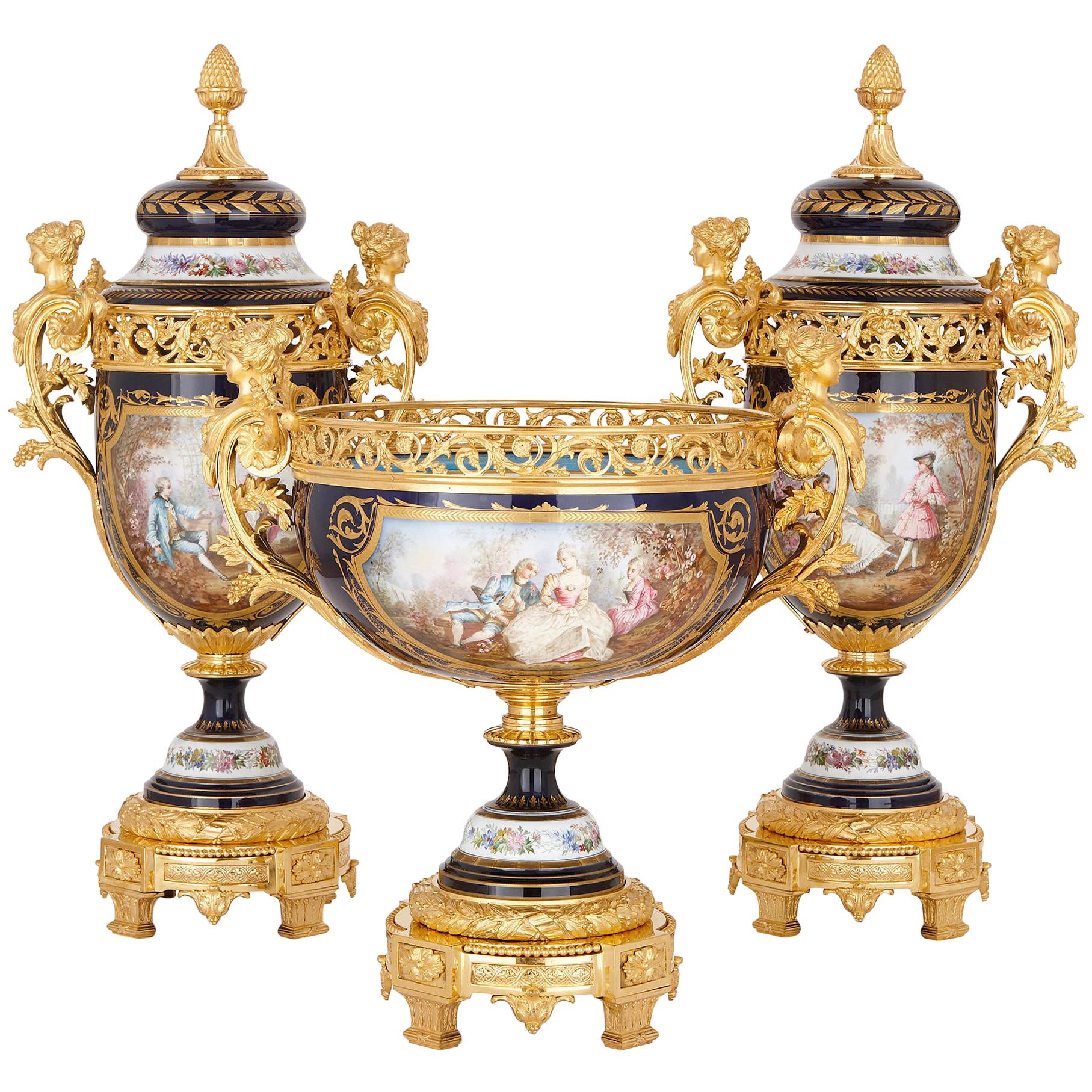 Sèvres Style Porcelain and Gilt Bronze Jardiniere and Vase Garniture  For Sale