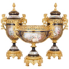 Sèvres Style Porcelain and Gilt Bronze Jardiniere and Vase Garniture 