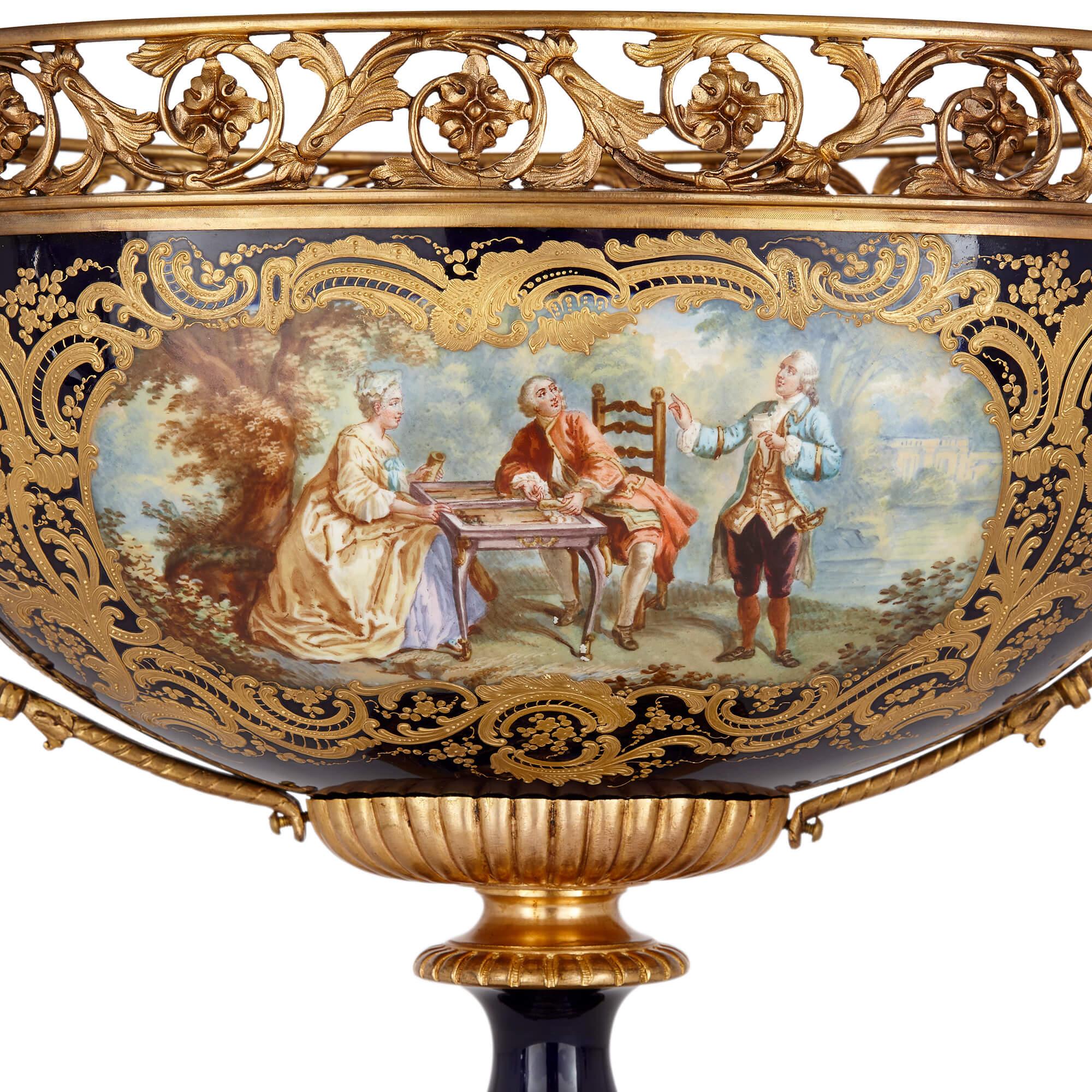 French Sèvres Style Porcelain and Gilt Bronze Jardinière and Vase Garniture Suite For Sale