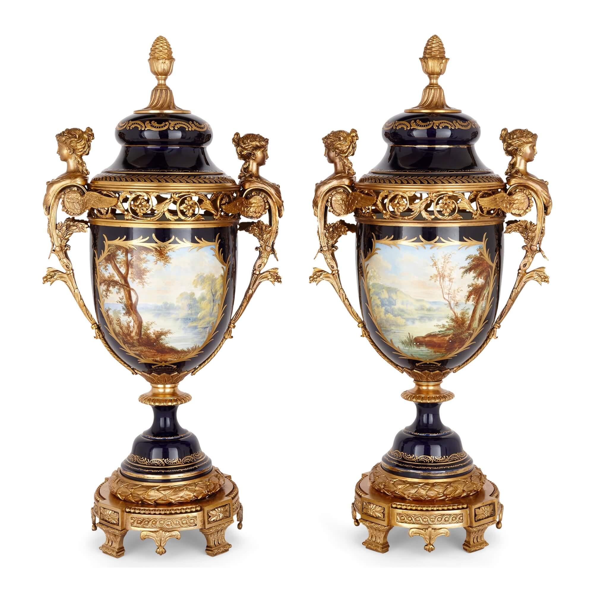 Sèvres Style Porcelain and Gilt Bronze Jardinière and Vase Garniture Suite In Excellent Condition For Sale In London, GB