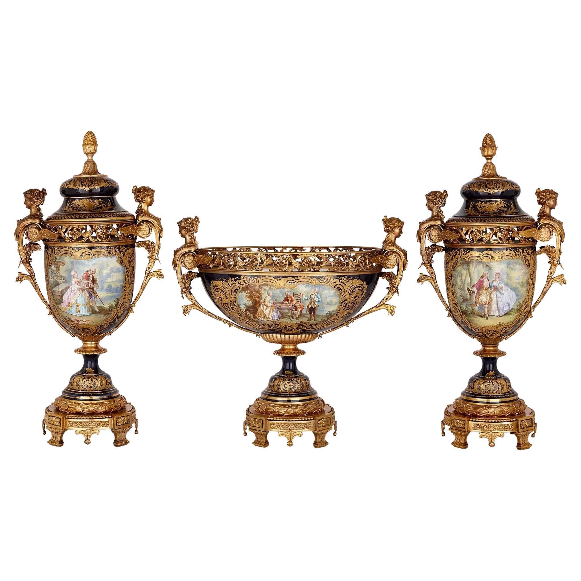 Sèvres Style Porcelain and Gilt Bronze Jardinière and Vase Garniture Suite